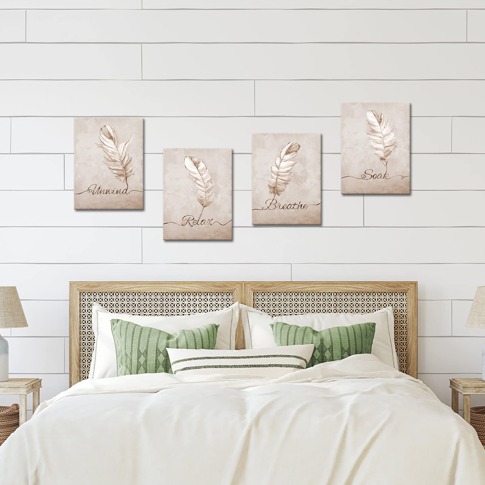 Nachic Wall - Beige Canvas Wall Art Feather Painting Picture Poster Relax Soak Unwind Breathe Sign Bathroom Decor