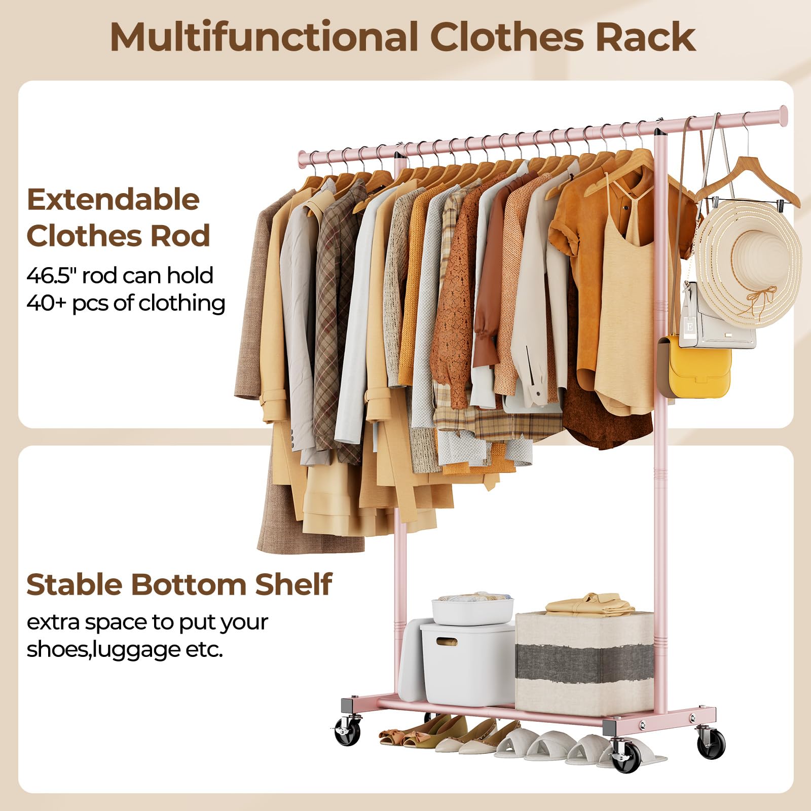 Clothes Clothing Garment Rack With Wheels,46.5'' L Portable Rolling Clothing Racks For Hanging Clothes, Sturdy Closet Wardrobe R