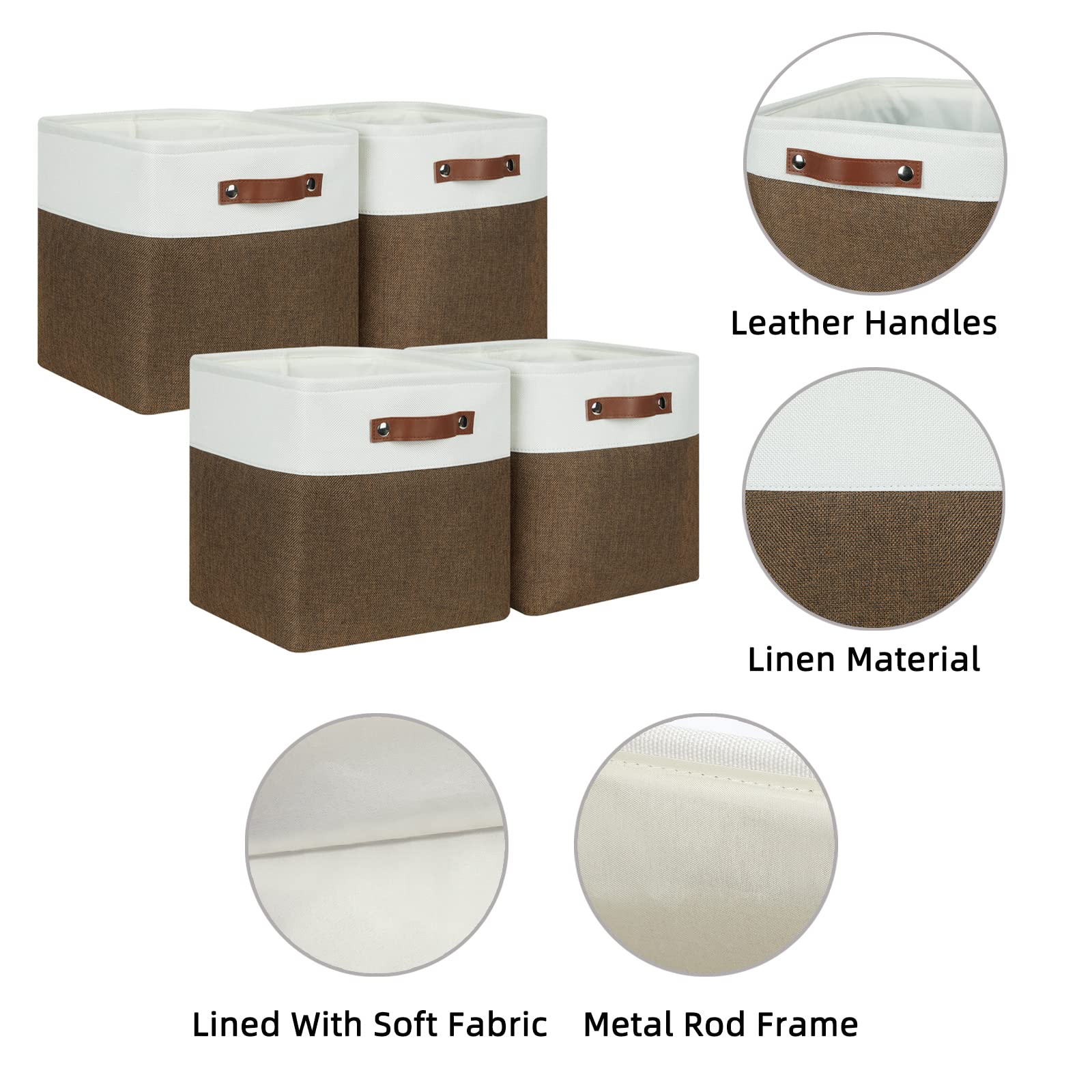 HNZIGE Fabric Baskets Storage Cubes Baskets Set(4 Pack) Large Cube Baskets for Shelves 13x13x13 Storage Cube Bins for Storage with Leather Handles for Home  Toys  Clothes  Kids Room  Closet Storage(White&Beige)