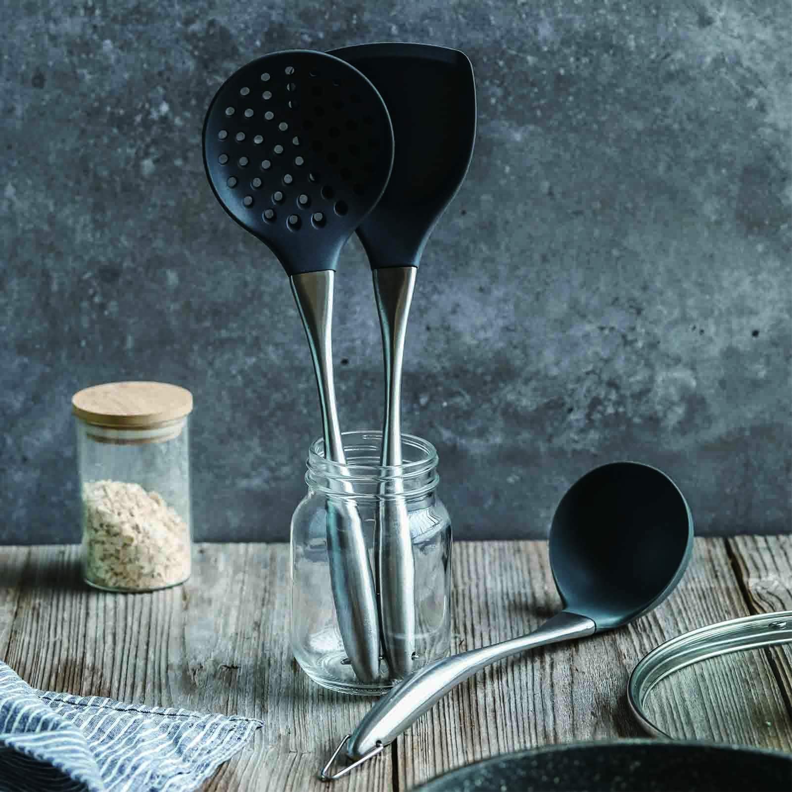 Silicone Stainless Steel Kitchen Utensils Set, 3-Pieces Flexible Silicone Head Cooking Utensil With Wok Spatula, Ladle, Slotted