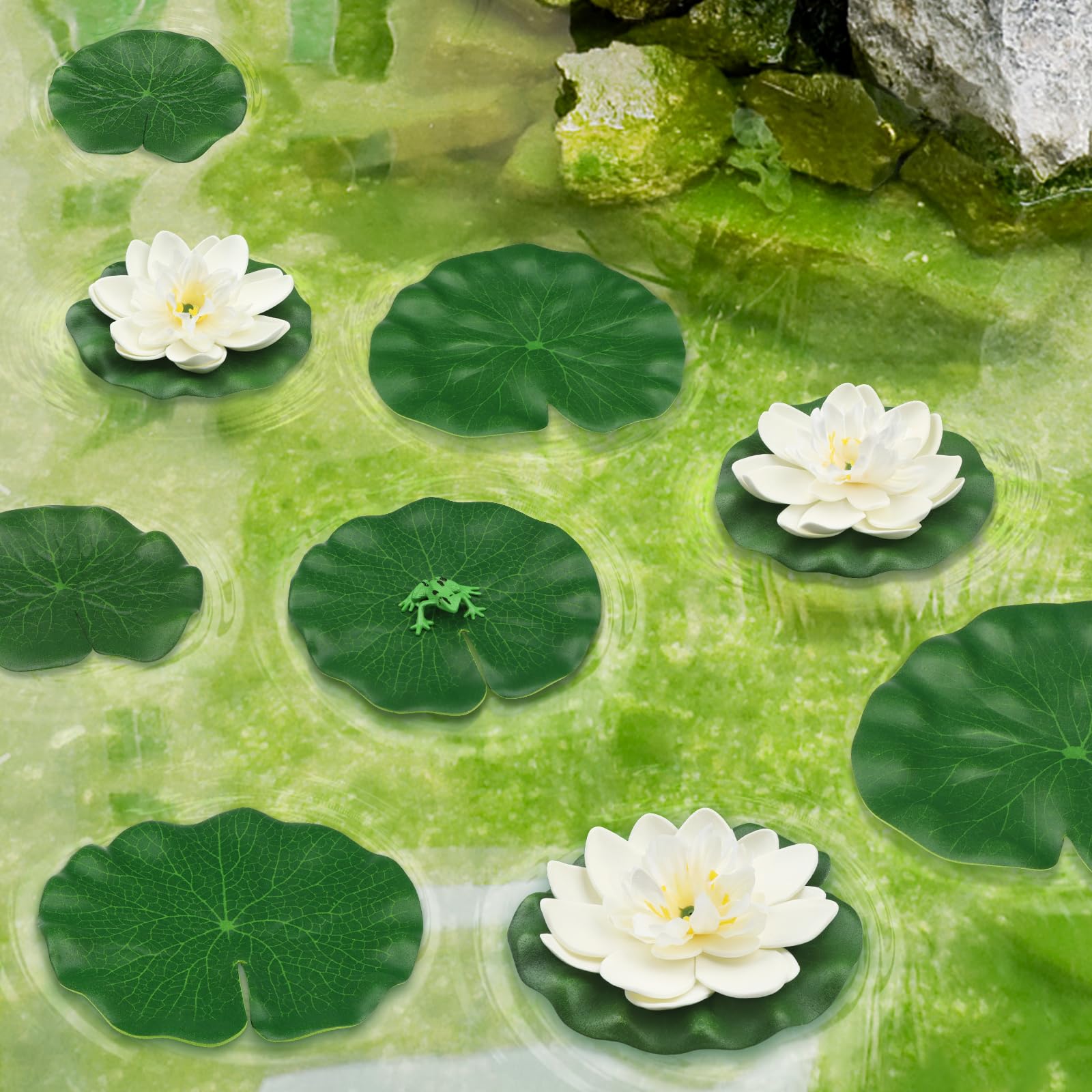 PietyPet 10pcs Artificial Floating Foam Lotus Flowers with Artificial Frog Lotus Leaves, Lily Pads for Lake, Pond Plants Ornamen