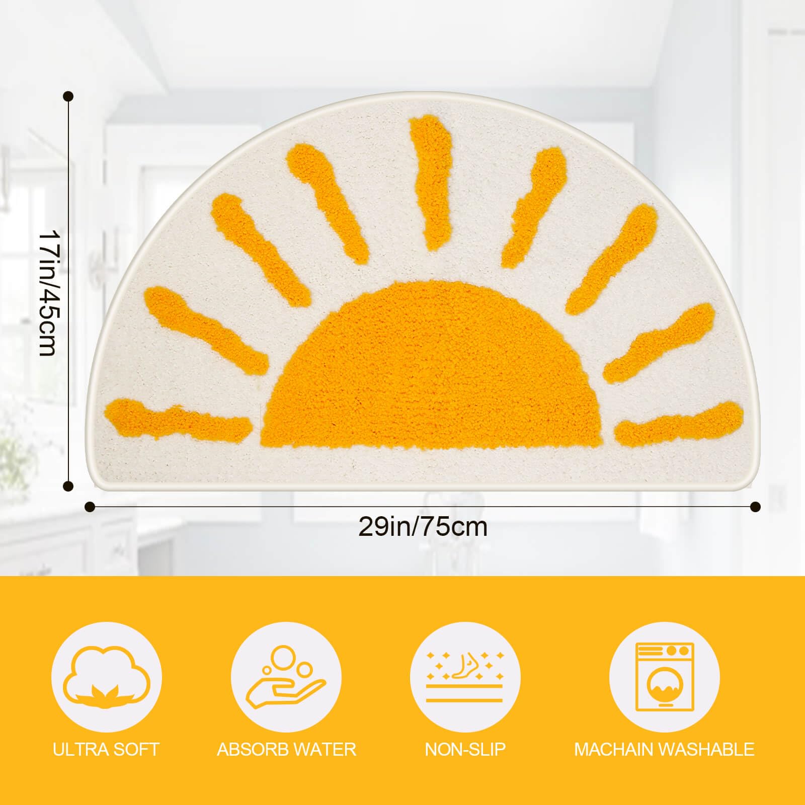 Bathroom Rugs Mat Half Circle - Cute Sun Fun White Yellow Boho Bath Mats Non Slip, Soft Absorbent Microfiber Bohemian Rug, Semi