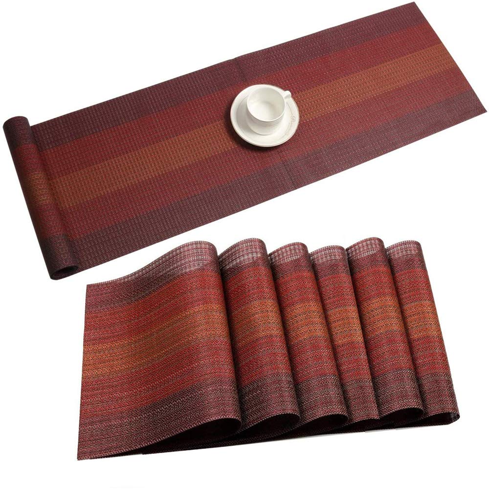 Placemats With Table Runner Set Vinyl Woven Insulation Heat Resistant Kitchen Table Mats For Family Dinner,Outdoor Or Indoor Par