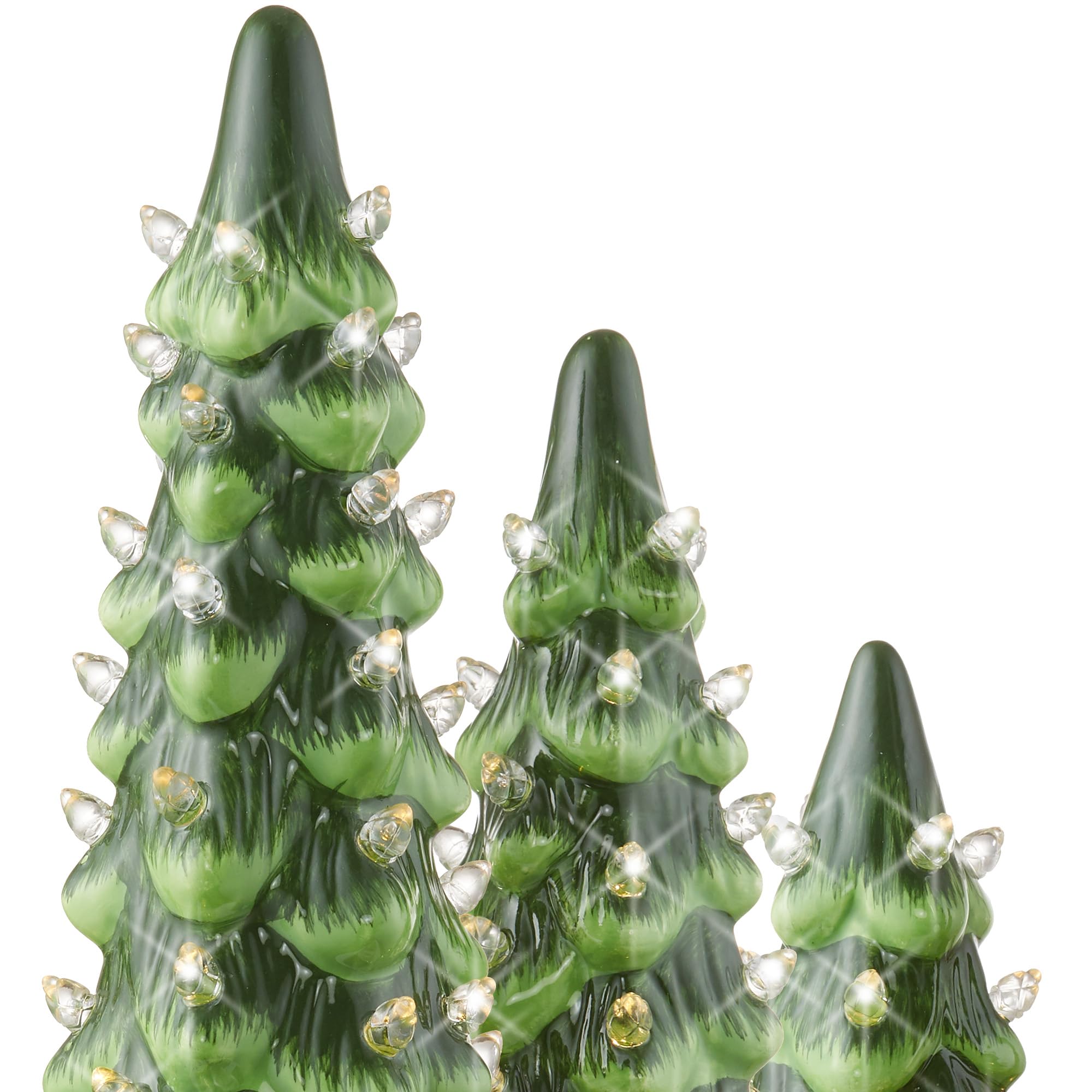 Casafield Set of 3 Hand Painted Ceramic Christmas Tree - Green Pre-Lit 8, 10, 12-Inch Trees with White Lights