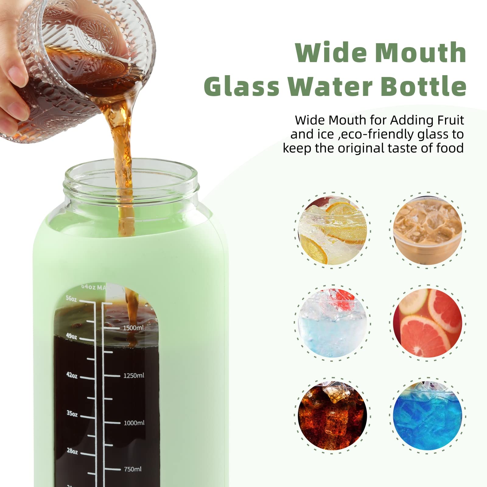Sierozur 52Oz Glass Water Bottle With Straw And Handle Lid Half Gallon Motivational Glass Bottle With Silicone Sleeve And Time M