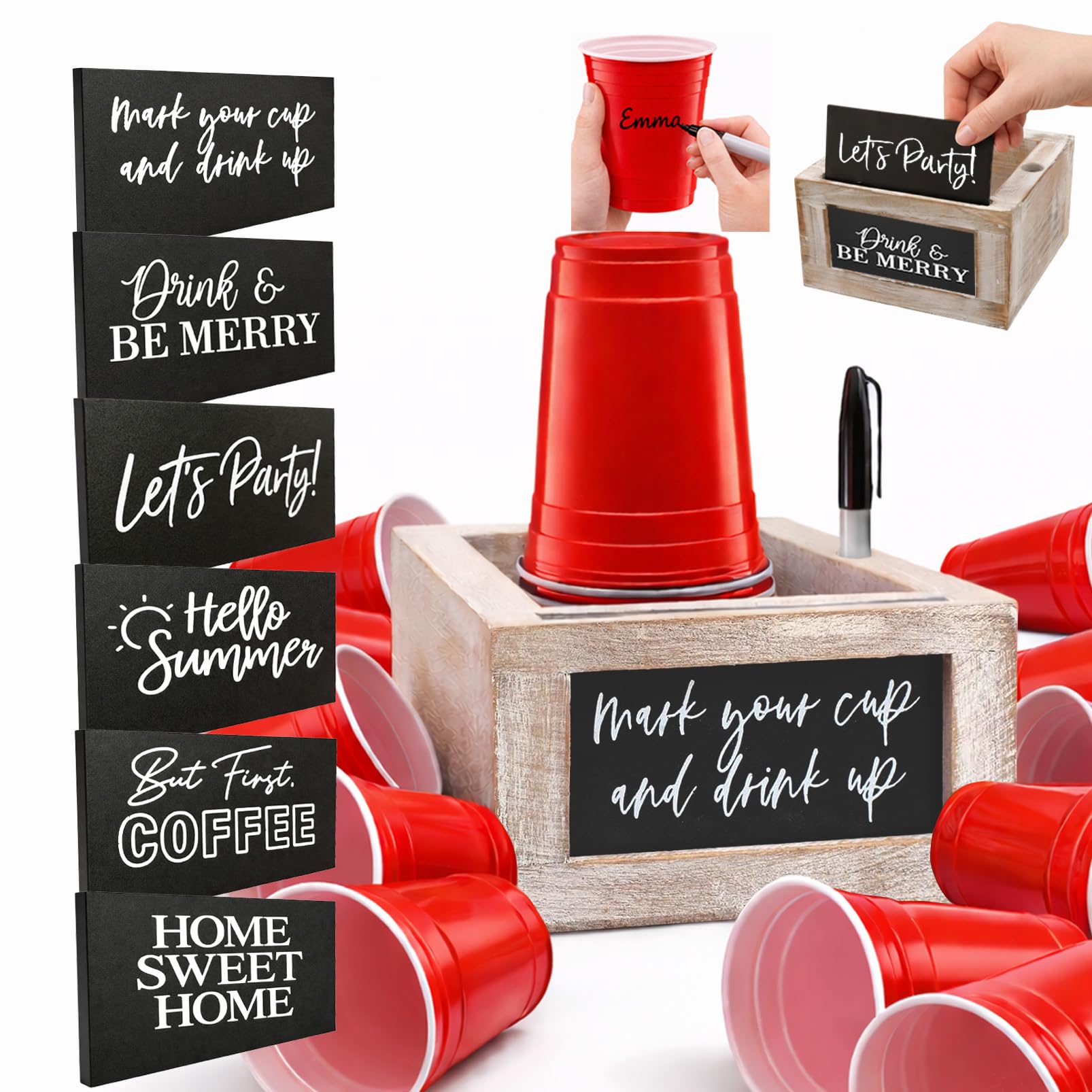 1018 oz Wooden Cup Holder with Marker Slot & 6 Interchangeable Quote Signs, Farmhouse Drink Caddy for BBQs, Weddings, Parties, 