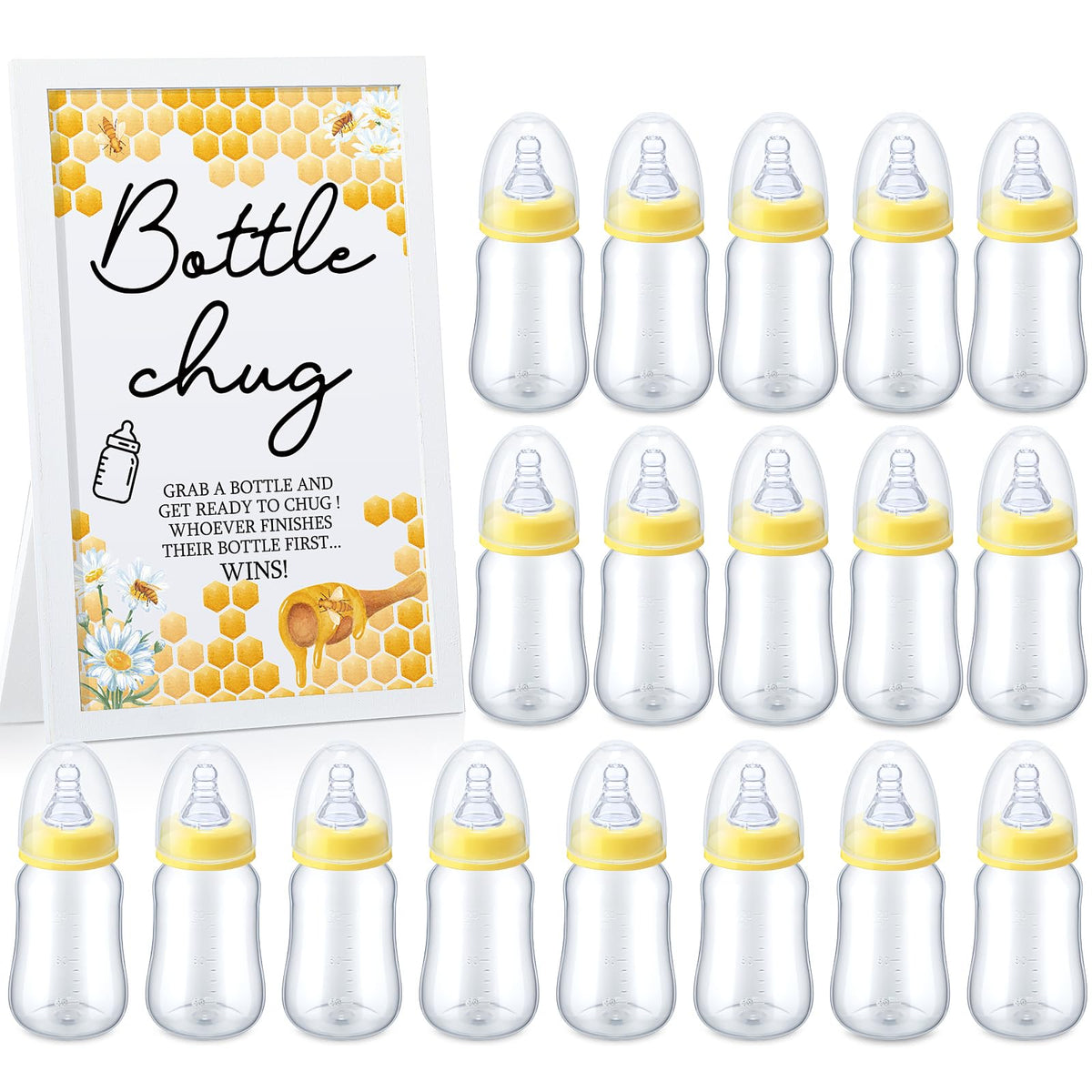 Roowest Bottle Chug Baby Shower Game Favors Including Bee Theme Bottle Chug Game Wooden Sign And 18 Pcs Yellow Baby Bottles For