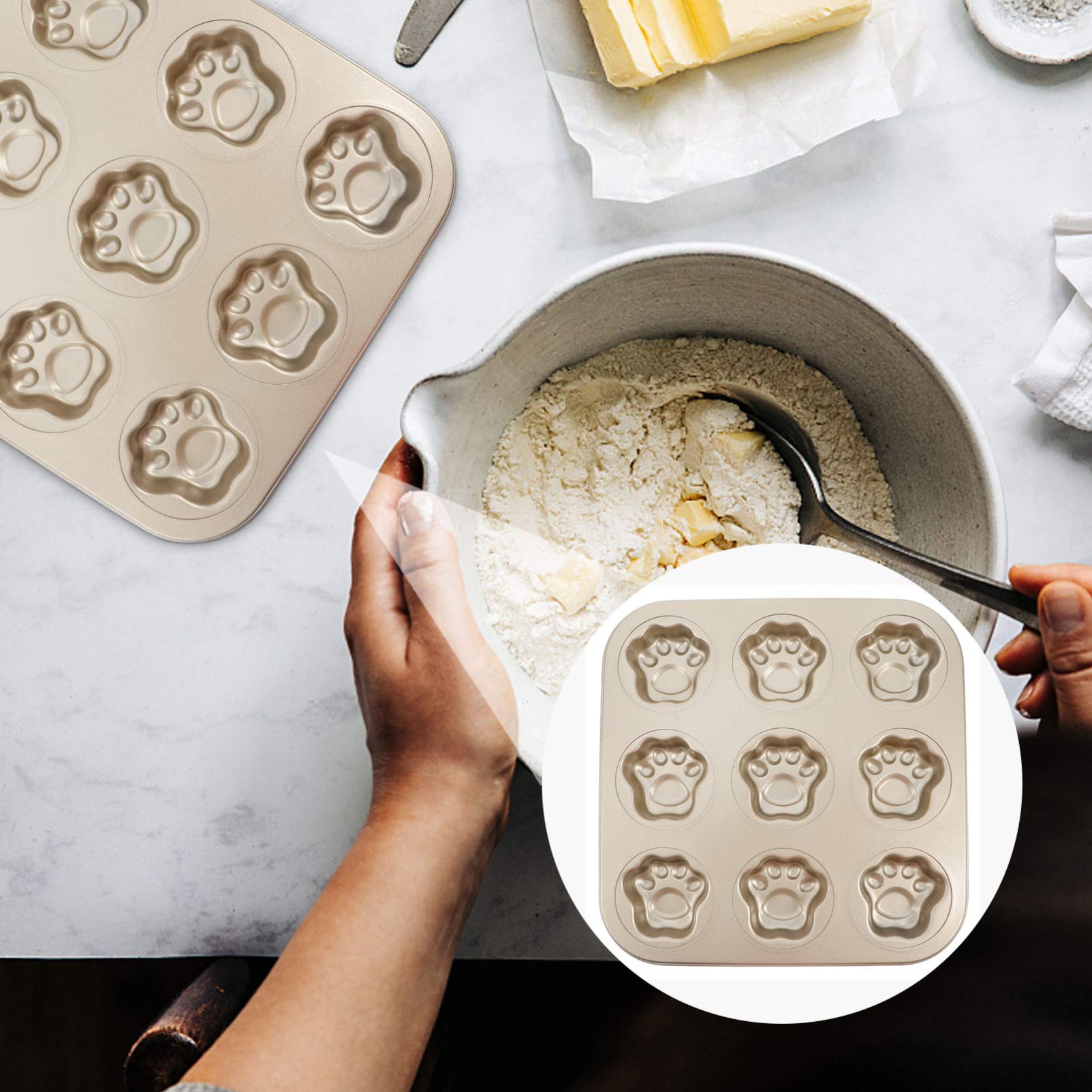 Luxshiny Round Cake Pans Muffin Pan 9 Cup Cat Paw Shaped Cupcake Baking Pan Non-Stick Mini Fondant Pans Steel Cookies Molds Muff