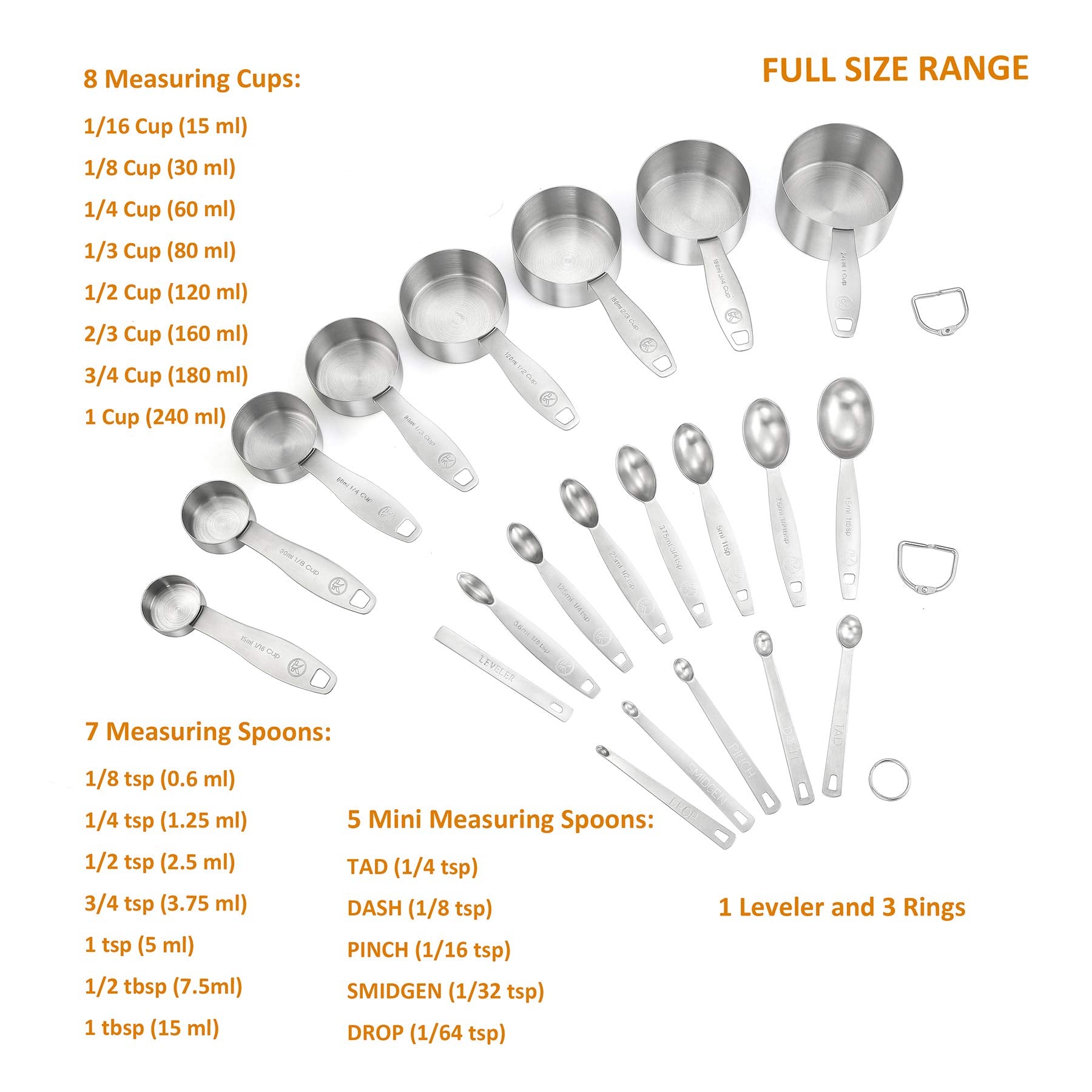 Measuring Cups And Spoons Set Of 21 Piece In 18/8 Stainless Steel, Heavy Duty 8 Measuring Cups, 7 Measuring Spoons, 1 Leveler &