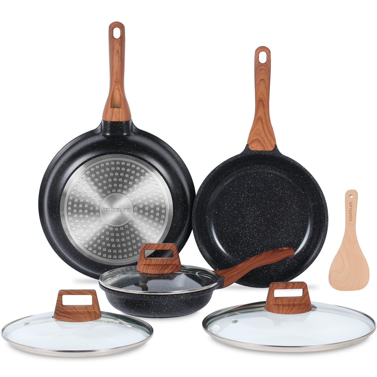 Eslite Life Nonstick Ceramic Frying Pans Skillets Set With Lids, Non-Toxic Egg Omelette Kitchen Cooking Pans Compatible With All