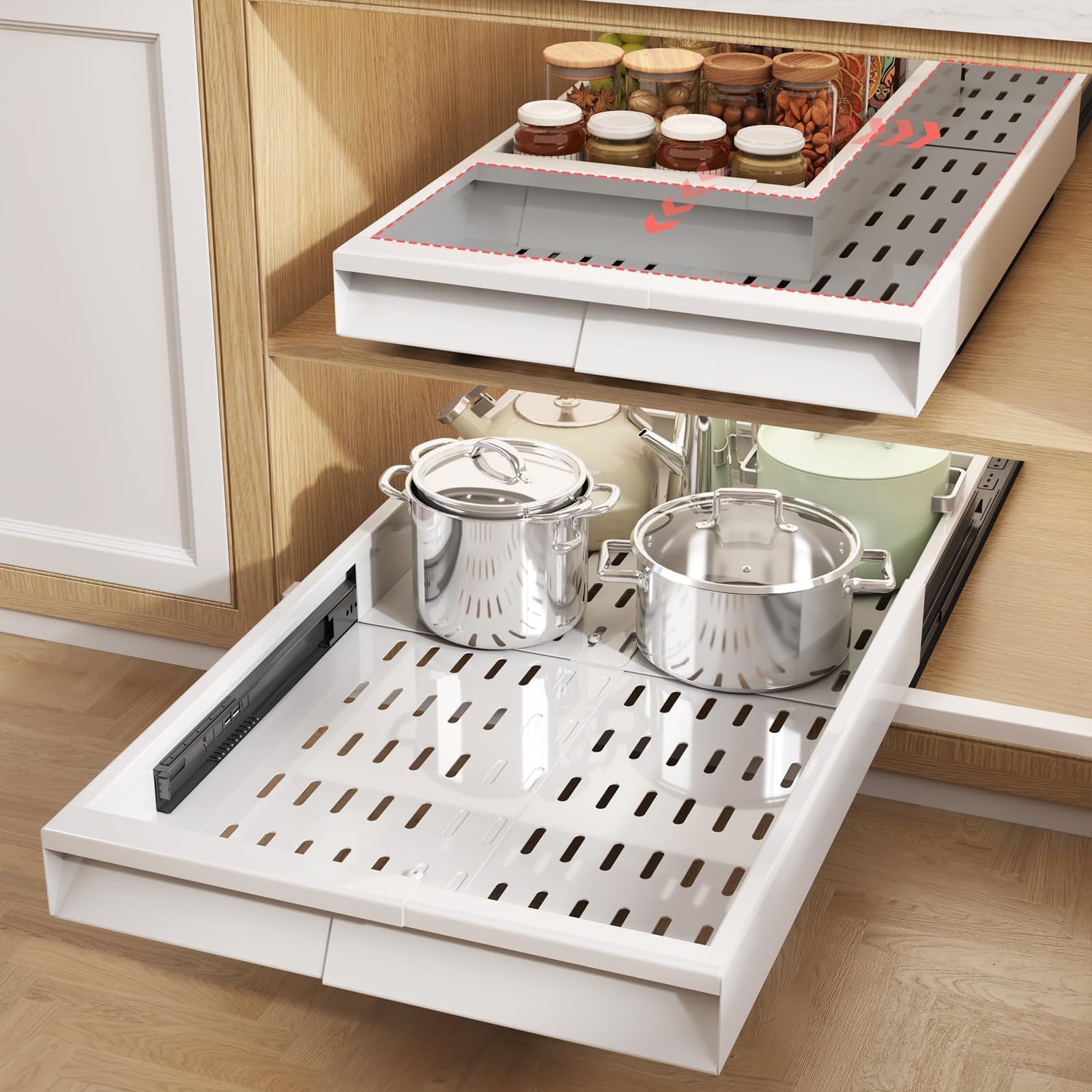 Seinloes Pull Out Cabinet Organizer, 4Side Expandable to Fit Most Cabinets, 3 Rail Slide Out Drawers with Raising Pad for Frame