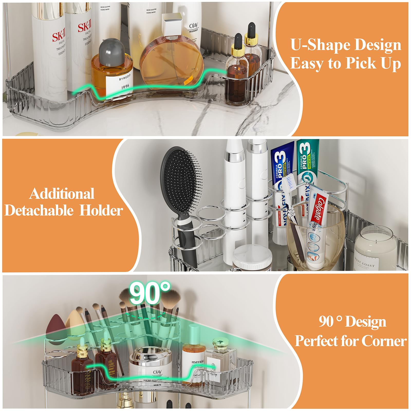 2 Tier Corner Bathroom Counter Organizer, Bathroom Countertop Shelf With Makeup Brush Holder, Makeup Organizer For Vanity Perfum