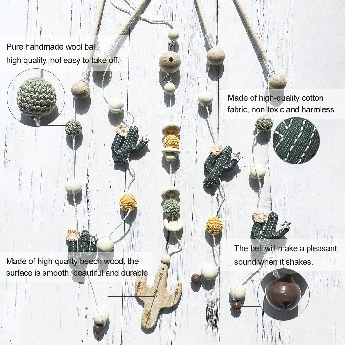 Baby Crib Mobile Cactus Nursery Mobiles Handmade Nordic Style Wooden Nursery Decoration Baby Photography Props Newborn Gift(Gree