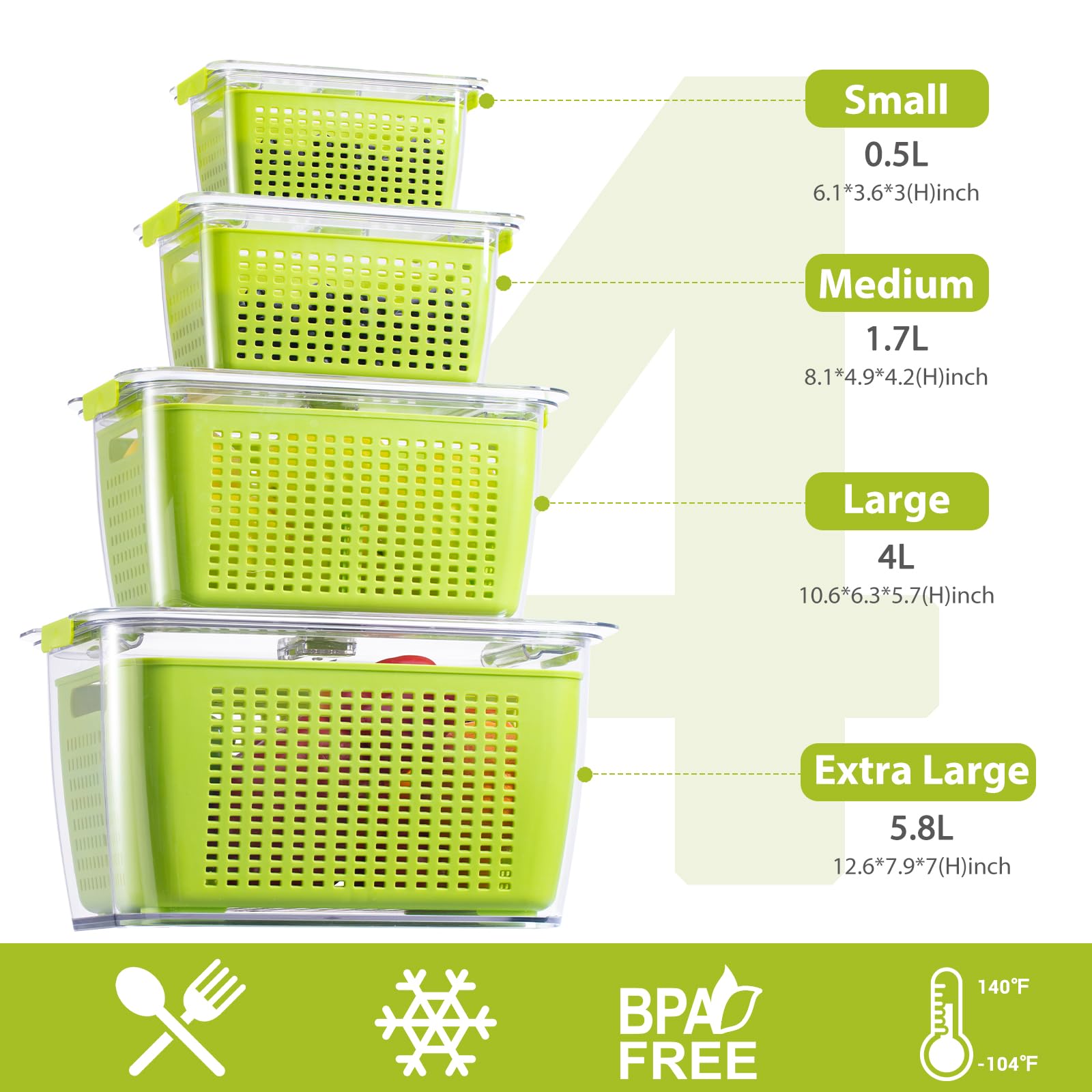 Luxear Fruit Vegetable Storage Container, 4 Pack Fresh Containers For Fridge With Lids Bpa-Free Produce Refrigerator Organizer F