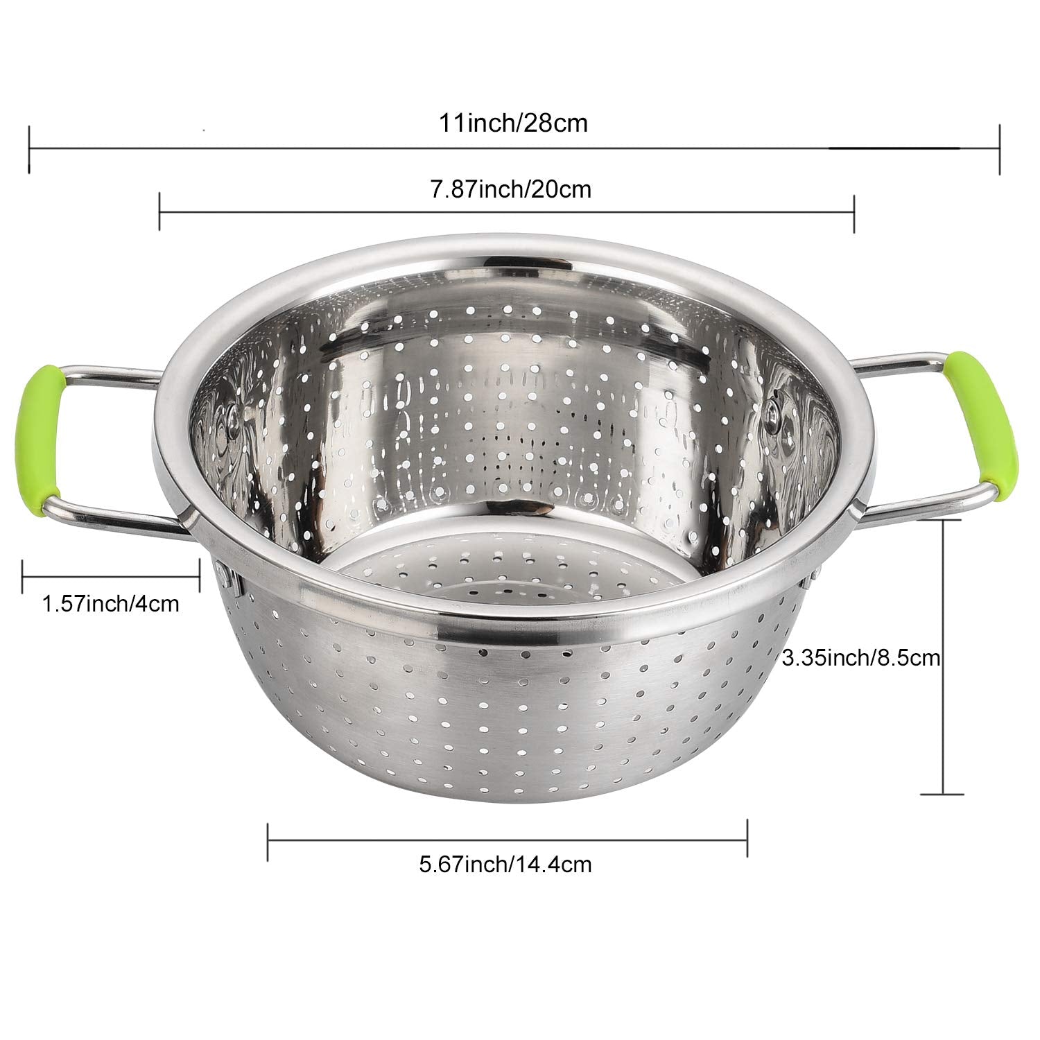 Stainless Steel Deep Colander Micro-Perforated 2.5 Quart Metal Food Strainer With Green Silicone Handles For Draining Pasta Clea