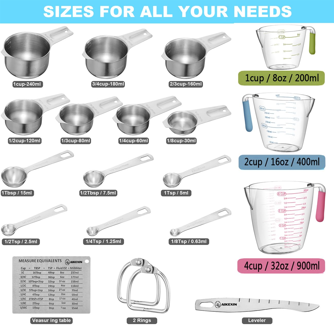 Aikexin 20-Piece Measuring Cups And Spoons Set, Nesting Stainless Steel Measuring Cups Spoons With Plastic Measuring Cup For Dry