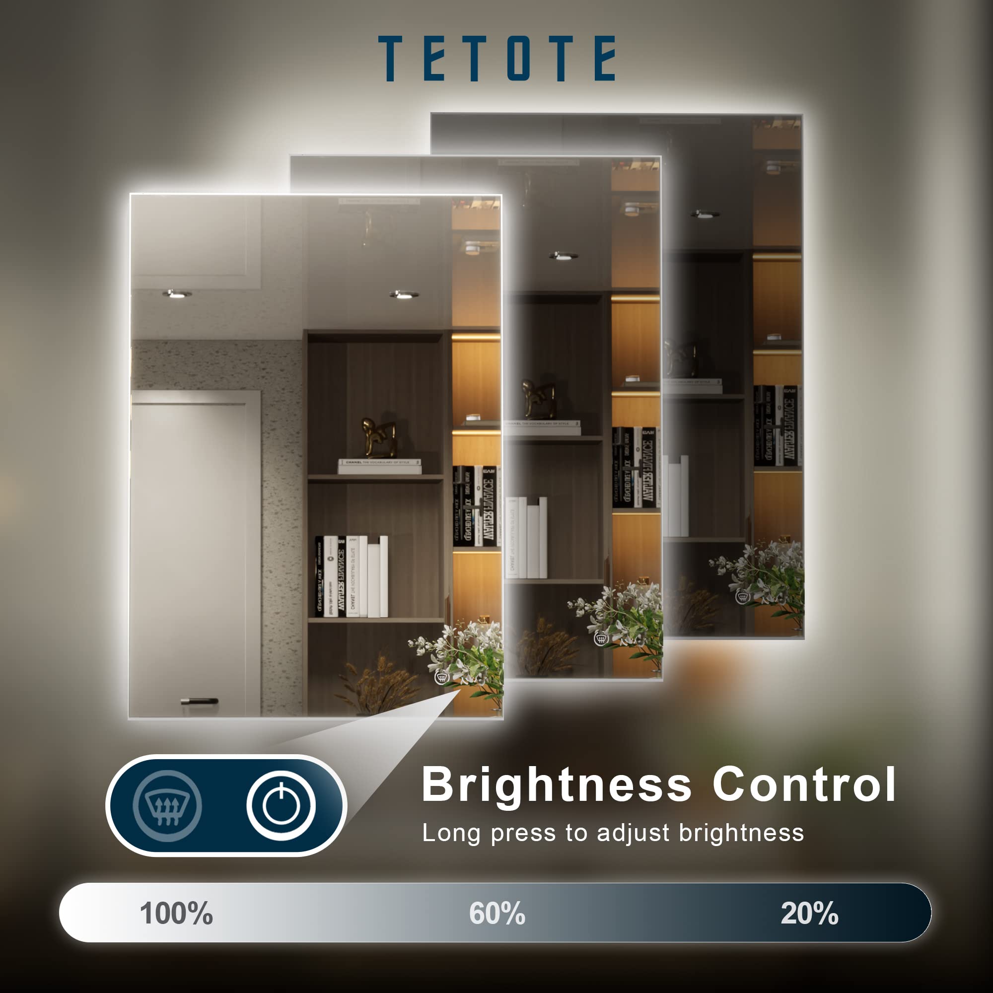 TETOTE 20 x 28 LED Backlit Bathroom Mirror with Light 3Color White/Warm/Natural Anti-Fog Lighted Mirror Dimmable Vanity Mirror Wall Mounted