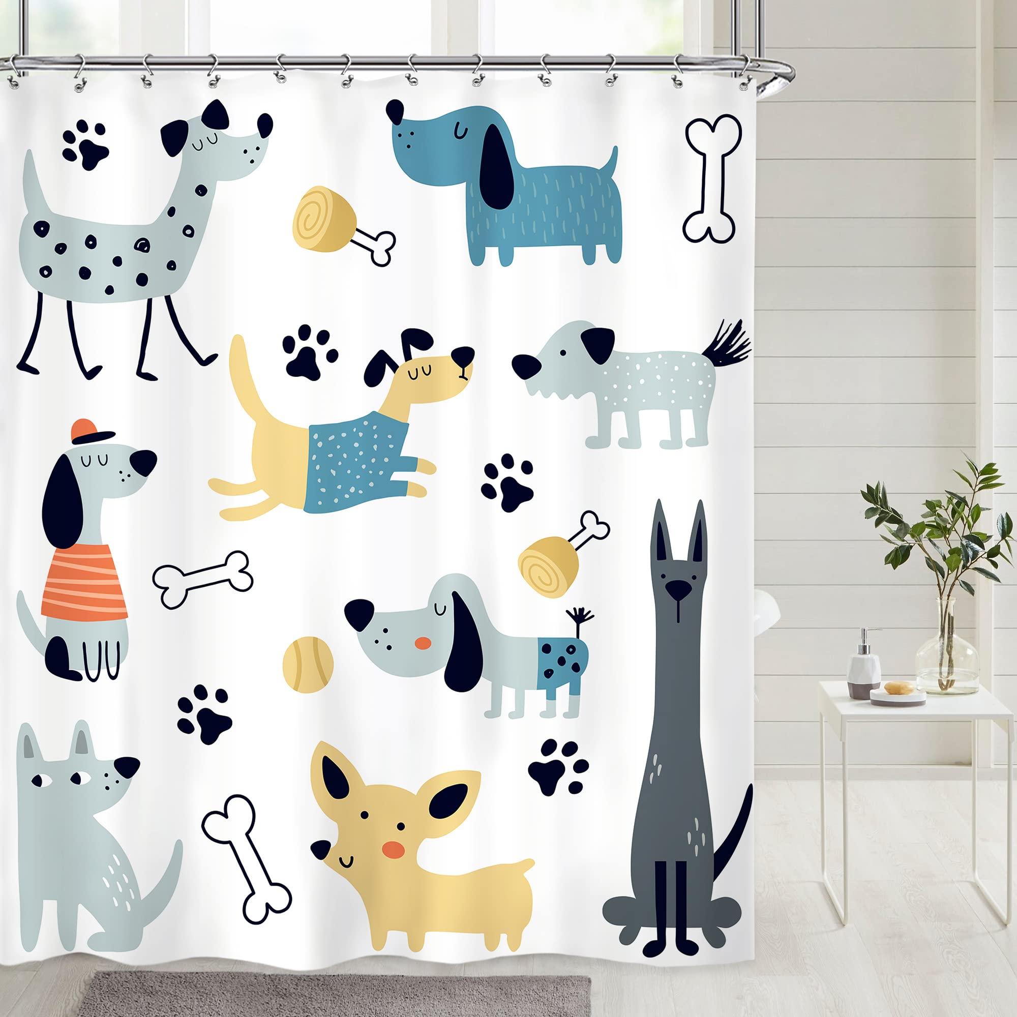 Riyidecor Cute Dogs Shower Curtain 60Wx72H Inch Funny Lovely Cartoon Animal Paw Print Bones Childish Puppy Pets For Kids Girl Bo