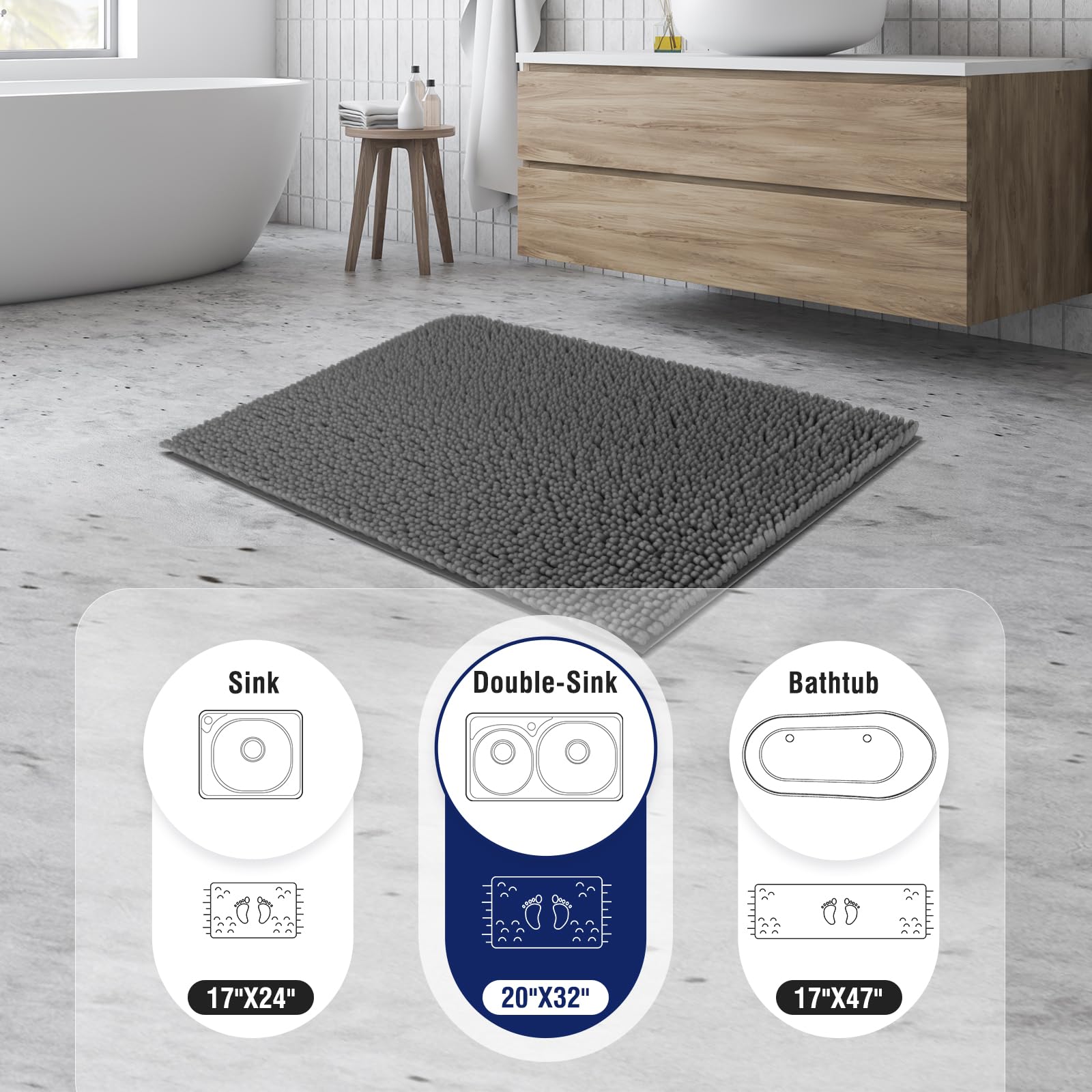 Techmilly Soft Fluffy Chenille Bathroom Rugs 32'' X 20'', Non Slip Absorbent Bath Mats For Bathroom, Washable And Quick Dry, Gre