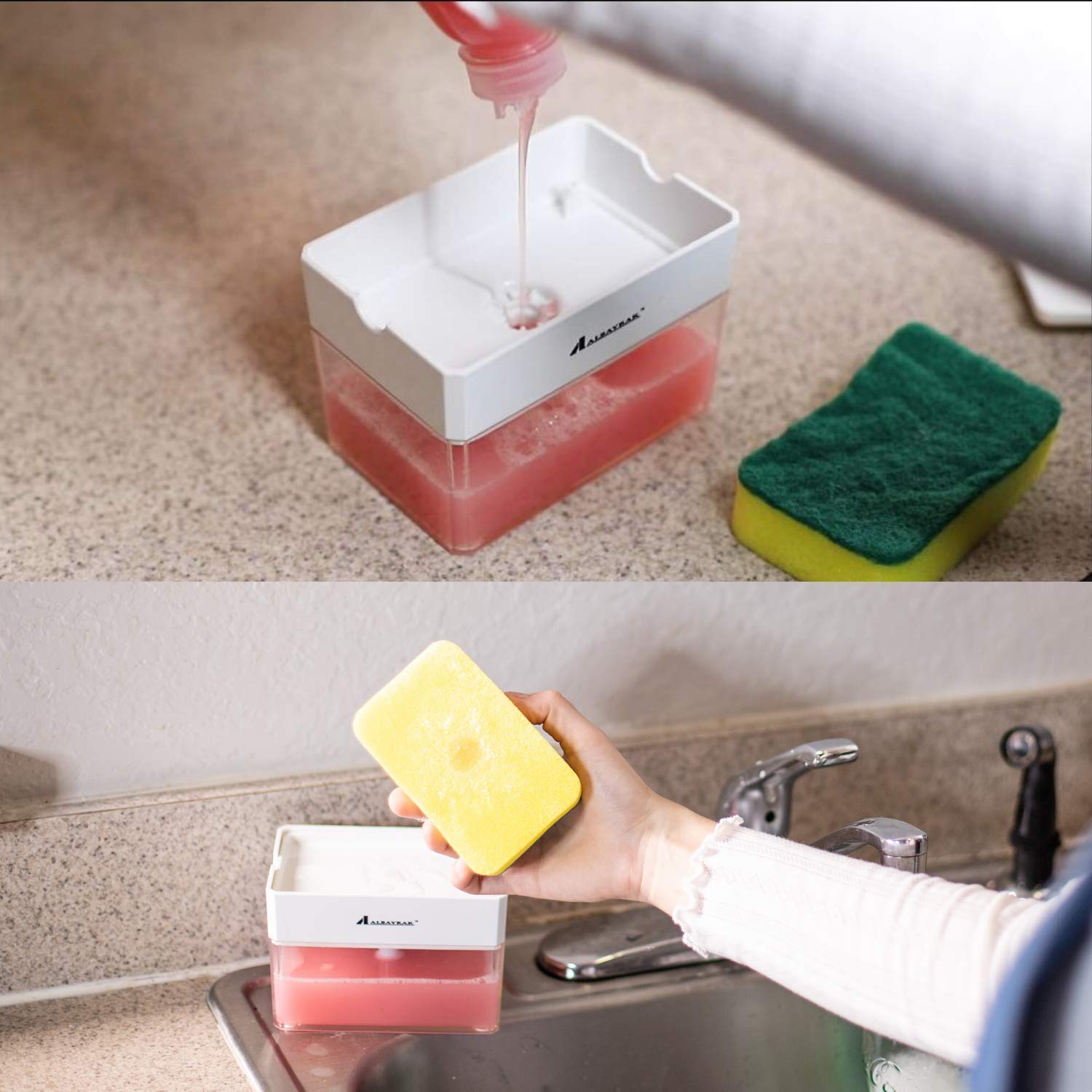 Soap Dispenser - Premium Quality Dish Soap Dispenser for Kitchen - Sponge Holder Sink Dish Washing Soap Dispenser 13 Ounces White