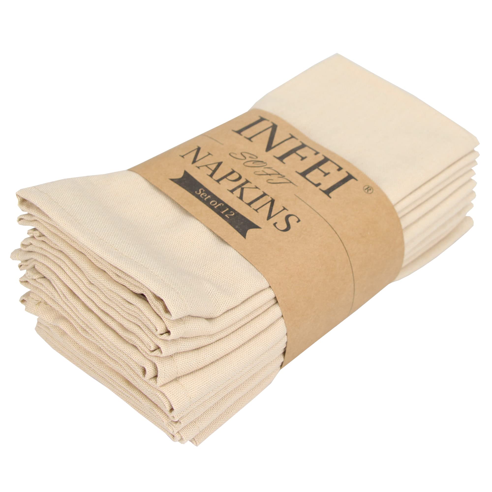Infei Solid Color Cotton Linen Blended Thin Dinner Cloth Napkins - Set Of 12 (40 X 40 Cm) - For Events & Home Use (Beige)