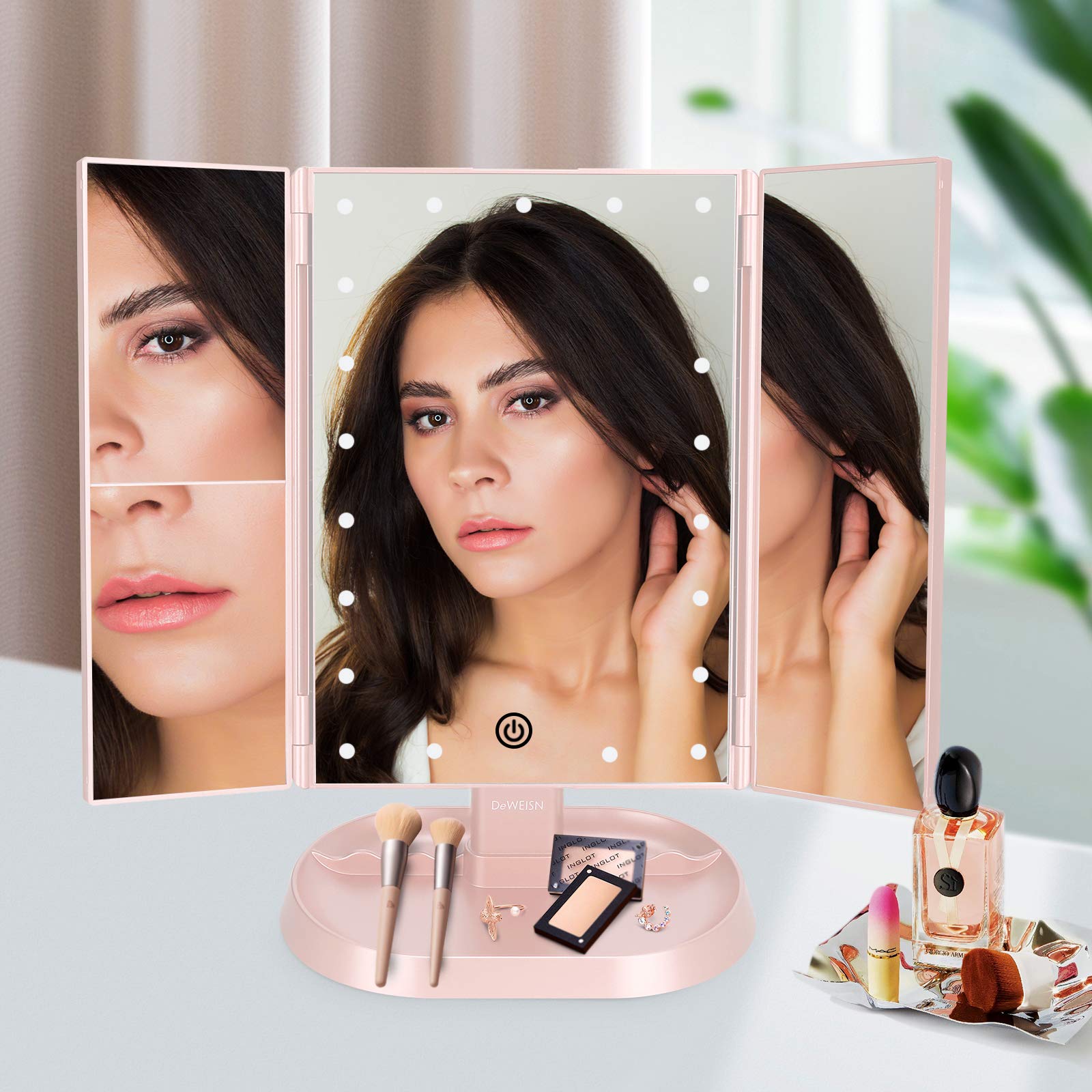 deweisn Trifold Lighted Vanity Makeup Mirror with 21 LED Lights 1x/2x/3x Magnification and Touch Screen Dimming Two Power Supplies Makeup Mirror  Gift for Women