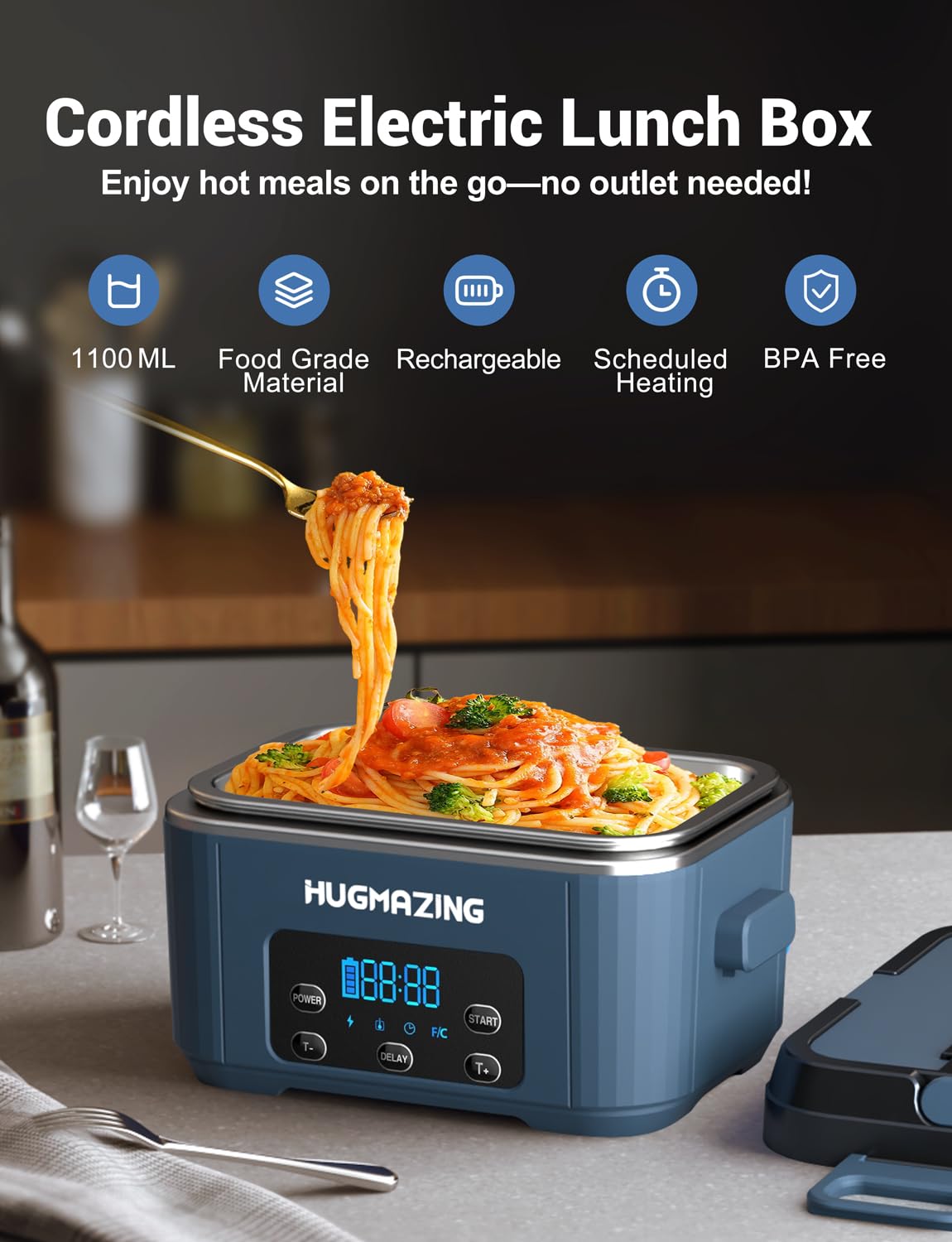 Hugmazing Cordless Electric Lunch Box, 1100ML Stainless Steel, Deep Blue, Model HG-CHARGE, Self-Heating Food Warmer for Work & Travel