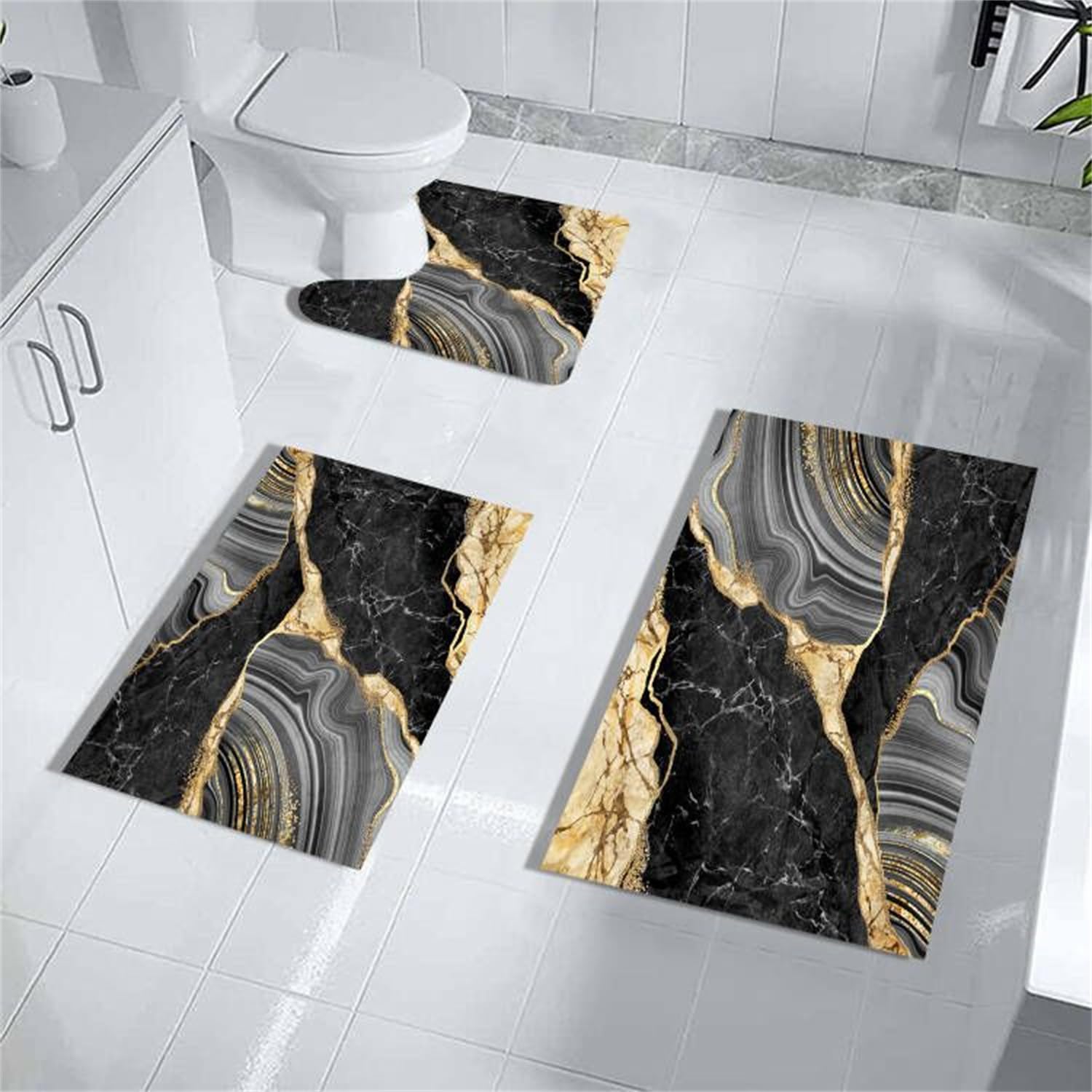 Muginyu Black And Gold Rug For Bathroom Decor,Black And Gold Bathroom Rugs Sets 3 Piece,Marble Decor Thin Rubber Diatomaceous Ea