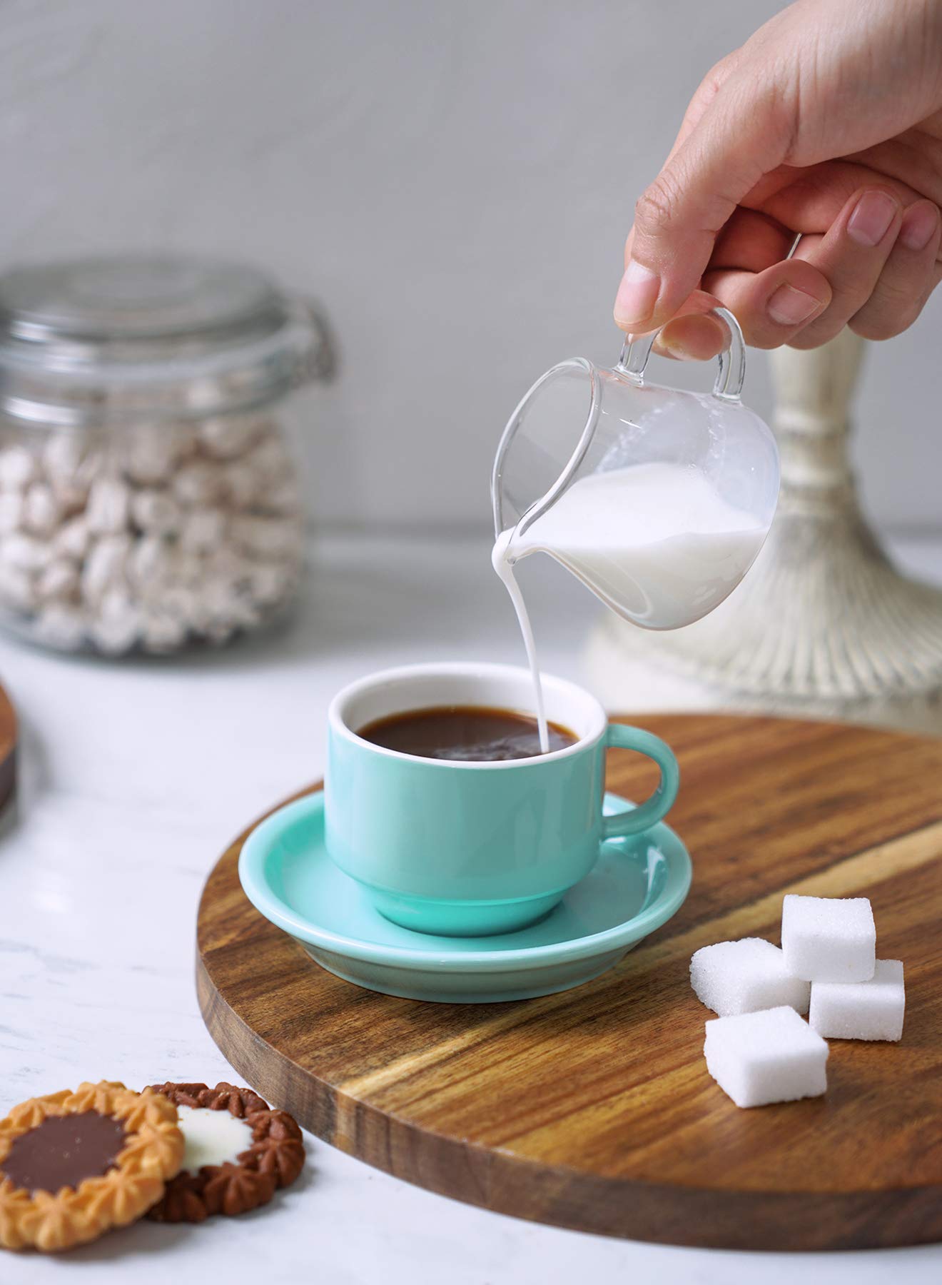 Sweese 2.5 Ounce Porcelain Stackable Espresso Cups With Saucers And Metal Stand Set Of 4, Turquoise