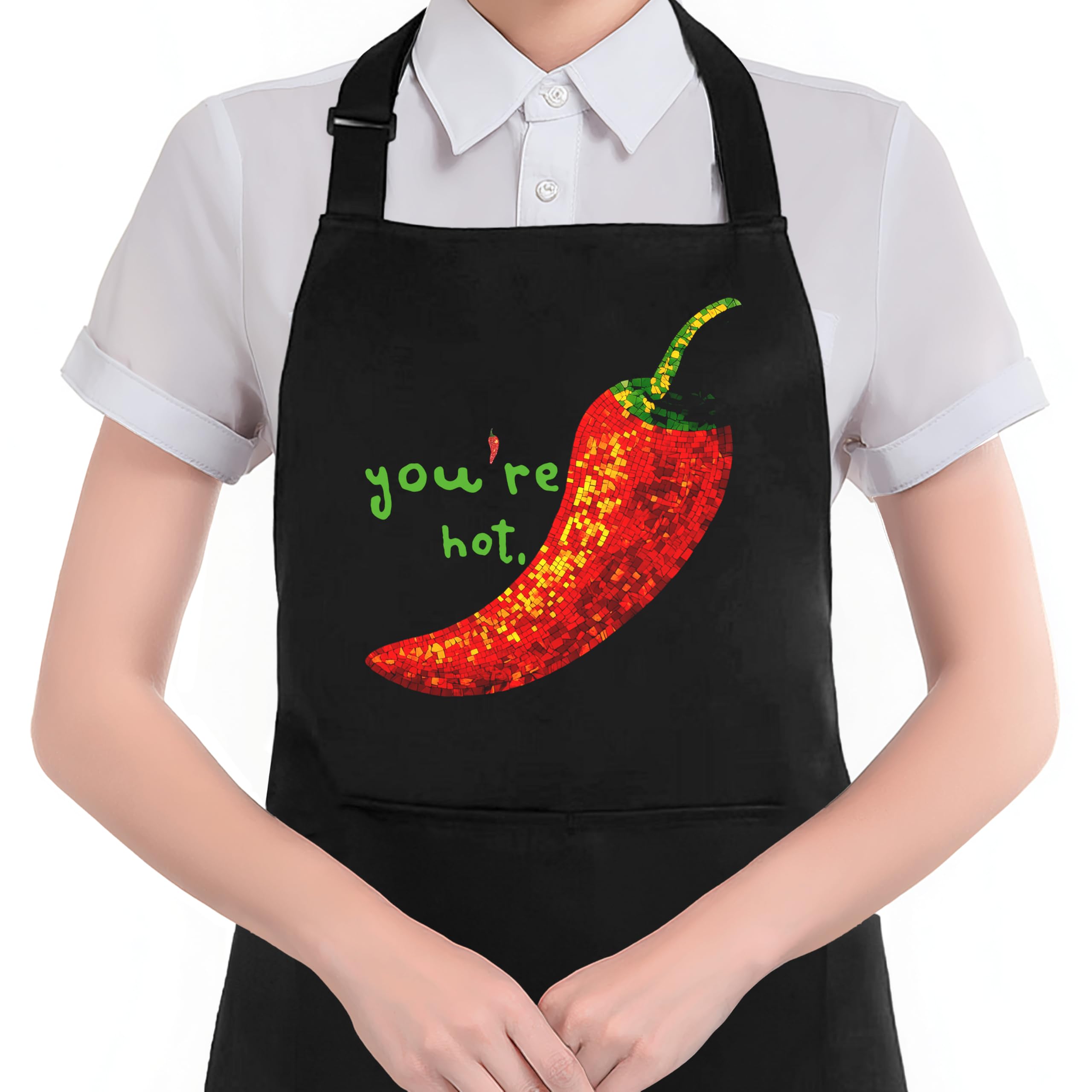 Hugane Red Disco Pepper Chili Apron With Pockets, Chili Pepper Gifts, YouRe Hot Funny Vegetable Waterproof Adjustable Cooking A