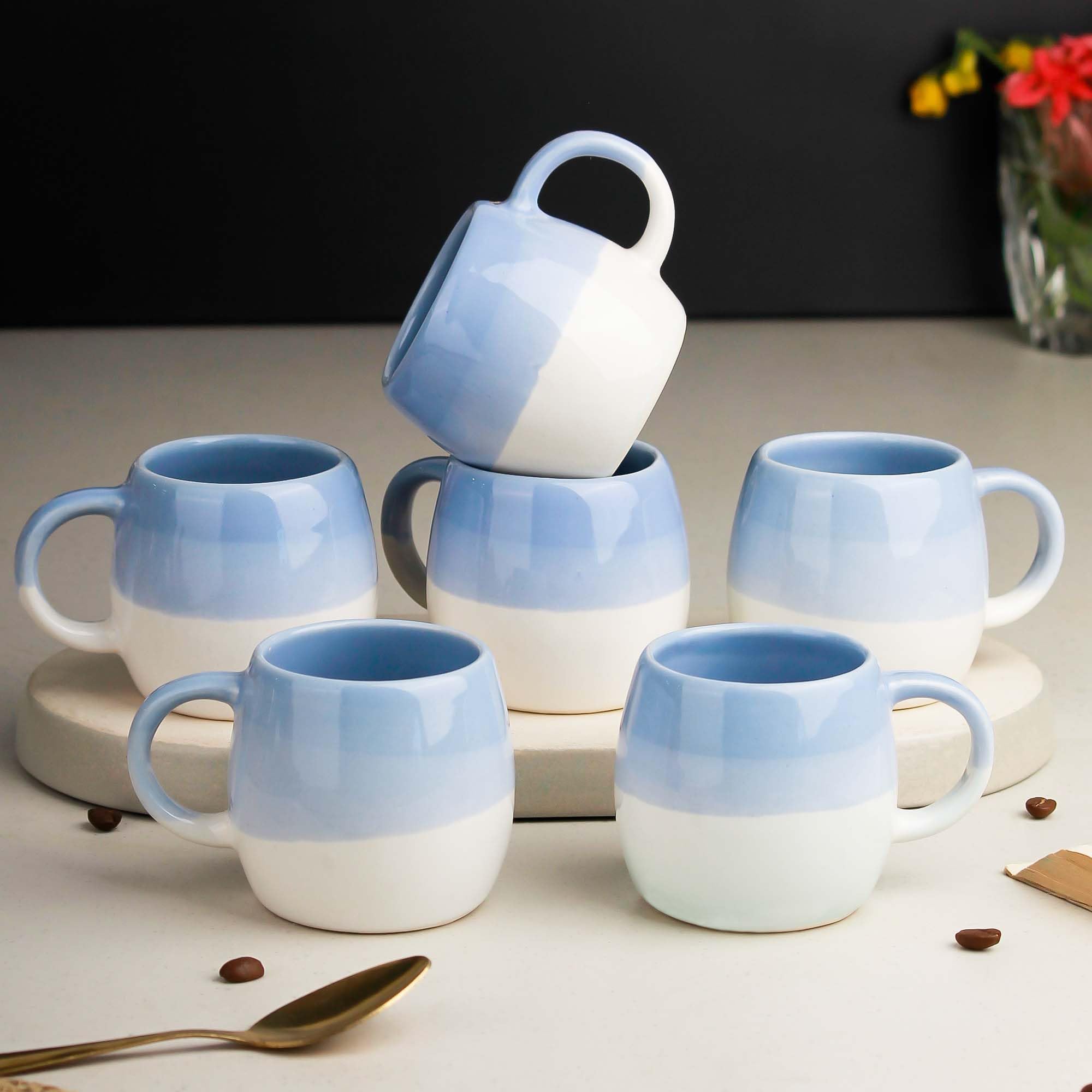 The Earth Store Tritone Sky Blue Ovule Shape Cup Set Of 6 For Tea Microwave And Dishwasher Safe, Perfect For Every Occasion Capa