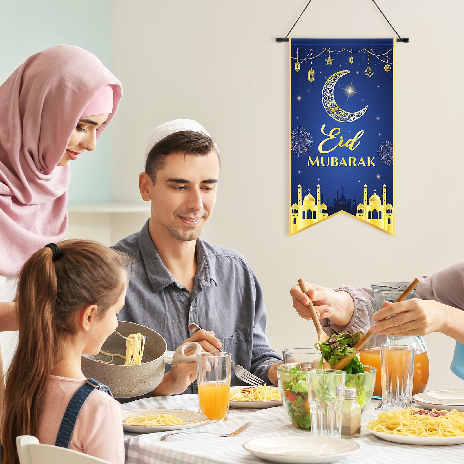 2Pcs Eid Mubarak Decorations Ramadan Kareem Hanging Door Sign Ramadan Mubarak Banner Party Decorations Welcome Wall Banner For P
