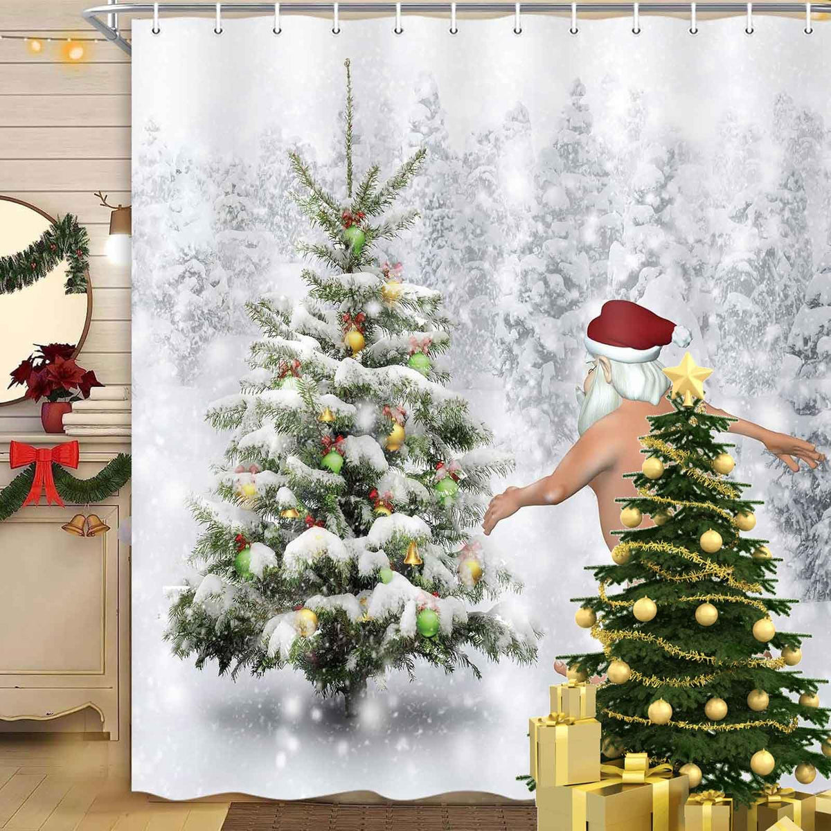 Merchr Funny Christmas Santa Claus Shower Curtain, Christmas Tree Winter Forest Snowflake Bathroom Curtains, Durable Waterproof