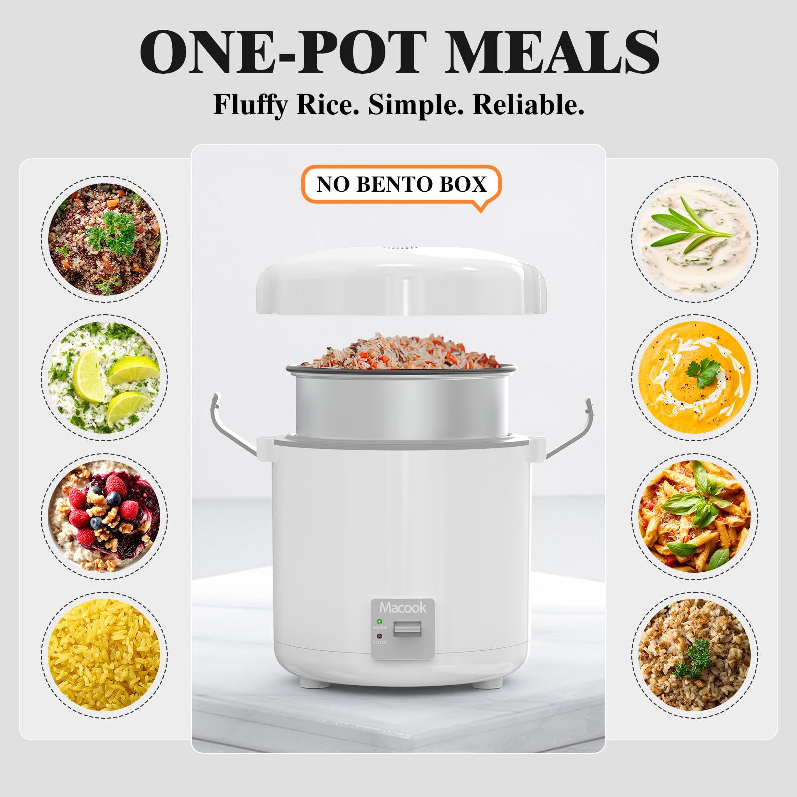 Macook Mini Rice Cooker, 1-1.5 Cups Uncooked, One Touch & Keep Warm, White and Grey, Model CA-Mini RC
