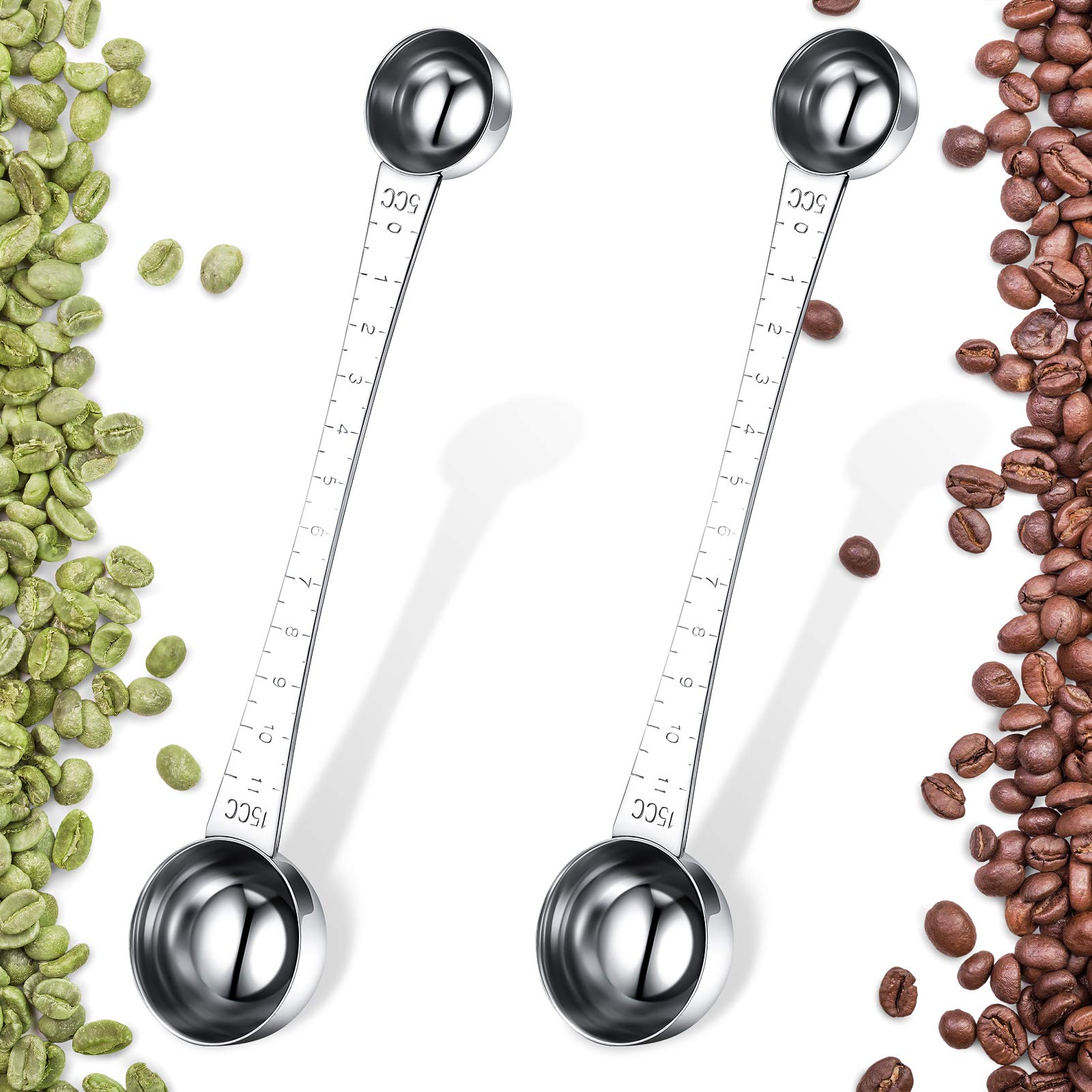 2 Pieces Coffee Scoops with Mark, 1 Tablespoon and 1 Teaspoon Stainless Steel Coffee Measuring Scoop for Ground Brewing, Tea, Su