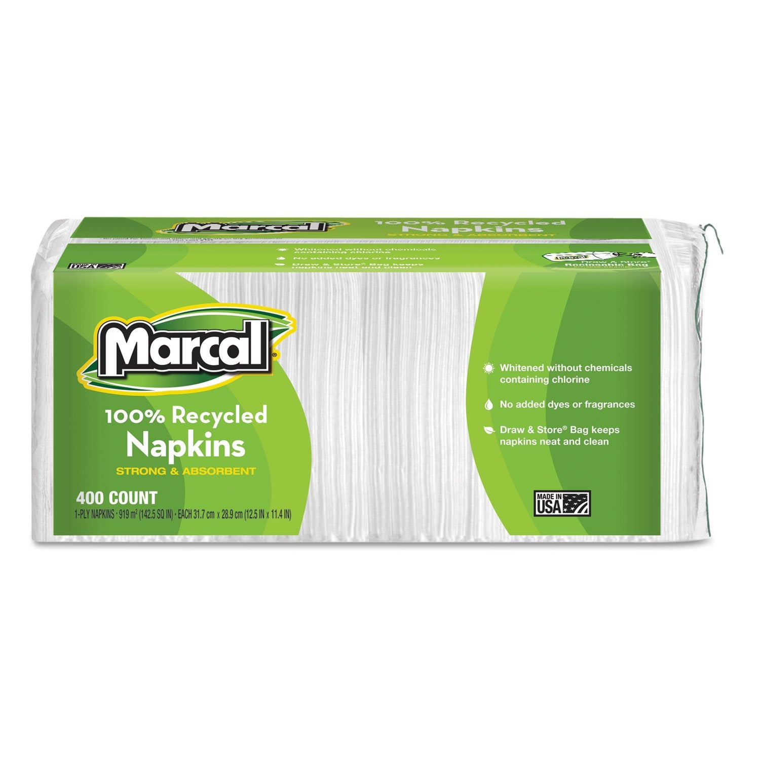 Marcal Lunch Napkins, 100% Recycled Disposable Paper Napkins - Single-Ply, Pack Of 400 In A Convenient Draw & Store Resealable B