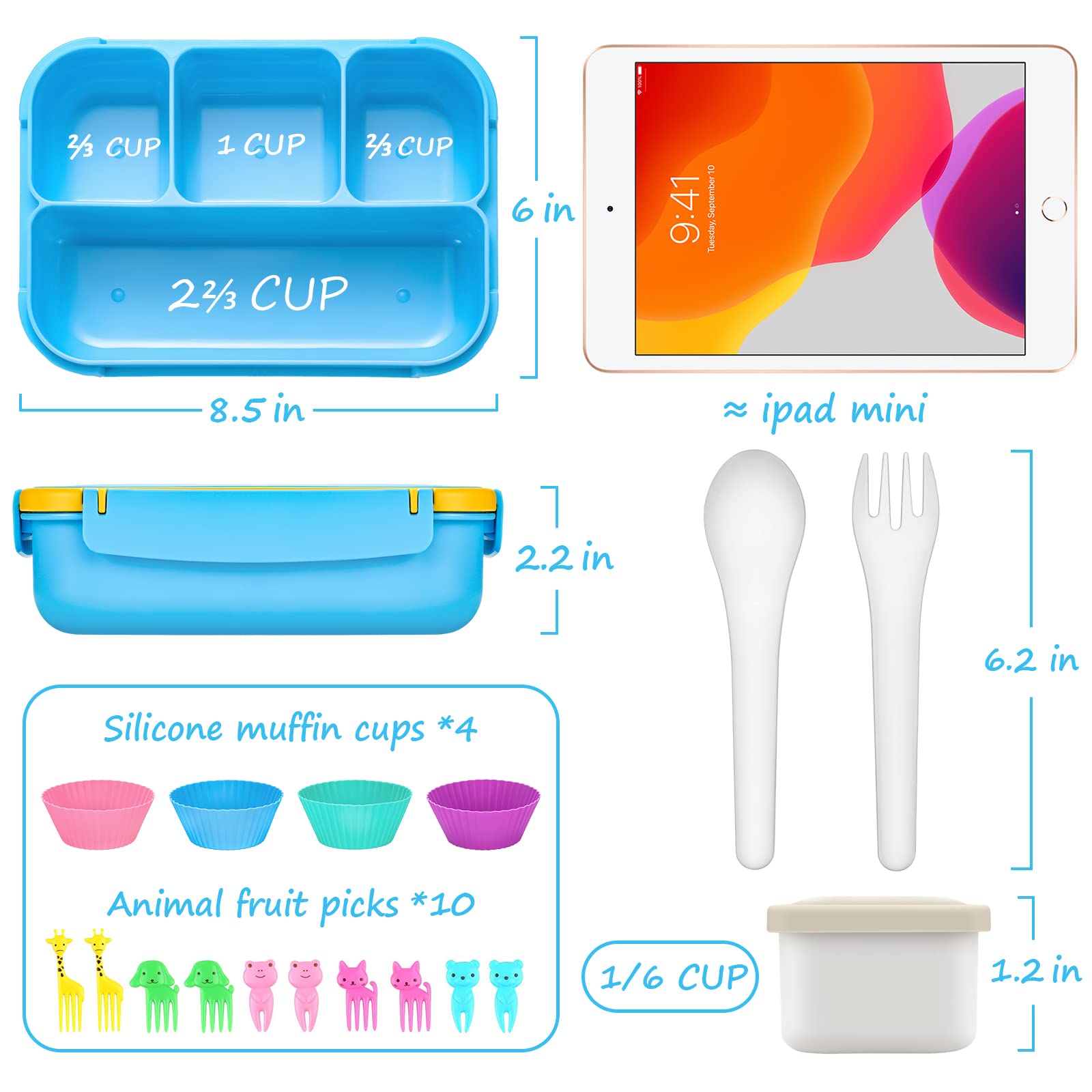Qqko Bento Lunch Boxes With 4 Compartments, Sauce Container, Utensils, Food Picks And Muffin Cups For School Or Adults, Blue