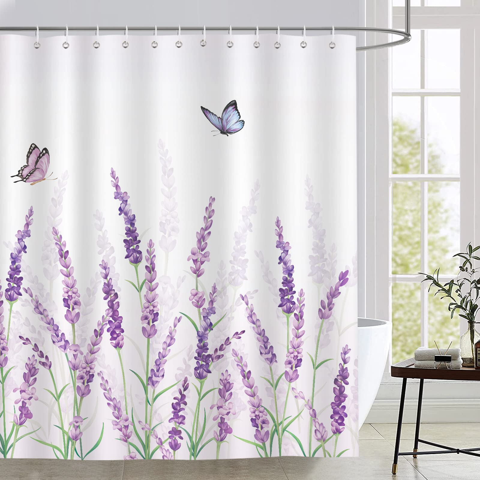 Bonhause Lavender Shower Curtain, Purple Floral Butterfly Bathroom Curtain 72X72 Inch Polyester Fabric Waterproof Bath Curtain W