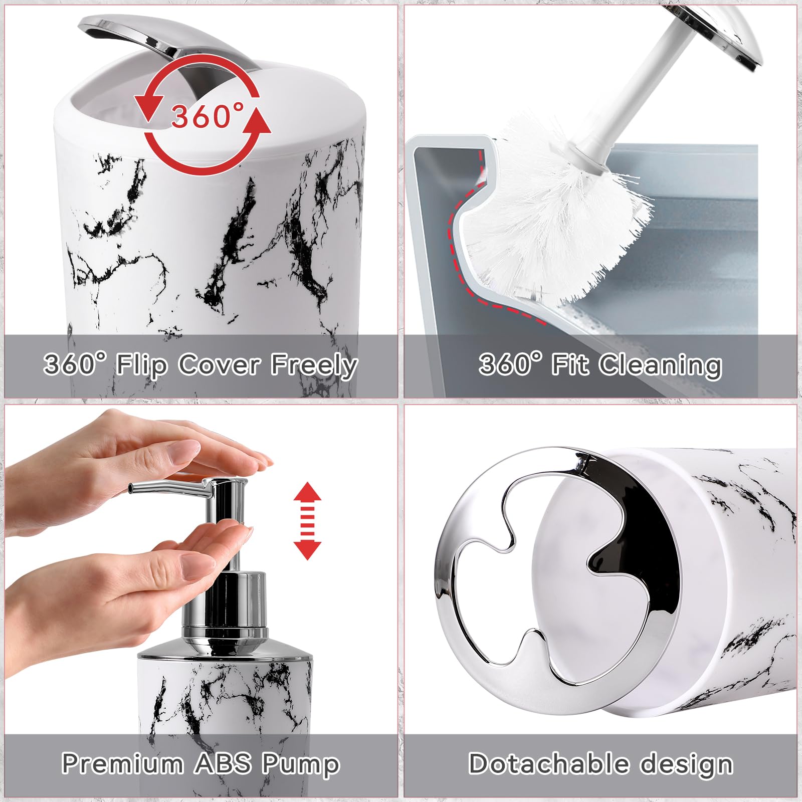 White Marble Bathroom Accessories Set, White Bathroom Set With Trash Can, Vanity Tray, Soap Dispenser, Soap Dish, Toothbrush Hol