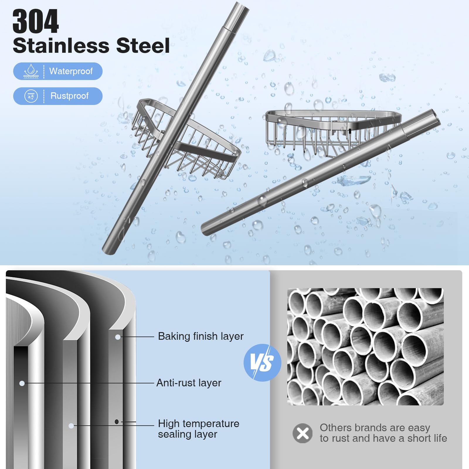 Esseme Corner Shower Caddy Tension Pole: Adjustable Rustproof 4-Tier Inside Bathroom Organizer - 47-121 Inch Quick Installation