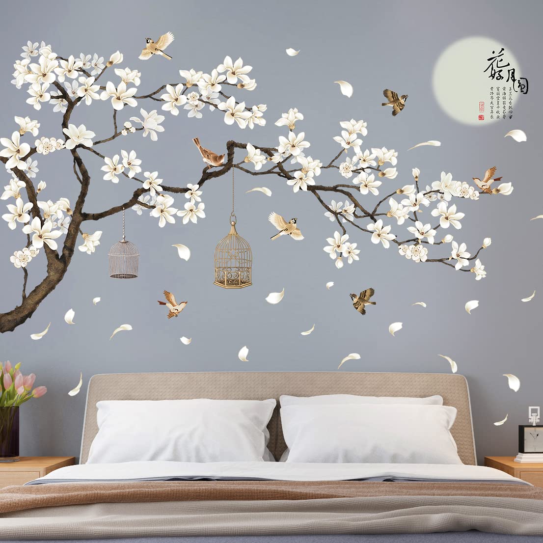 Livegallery White Peach Blossm Flowers Wall Decals Removable Diy Tree Branches Birds Saying Art Decor Wall Stickers Murals For L