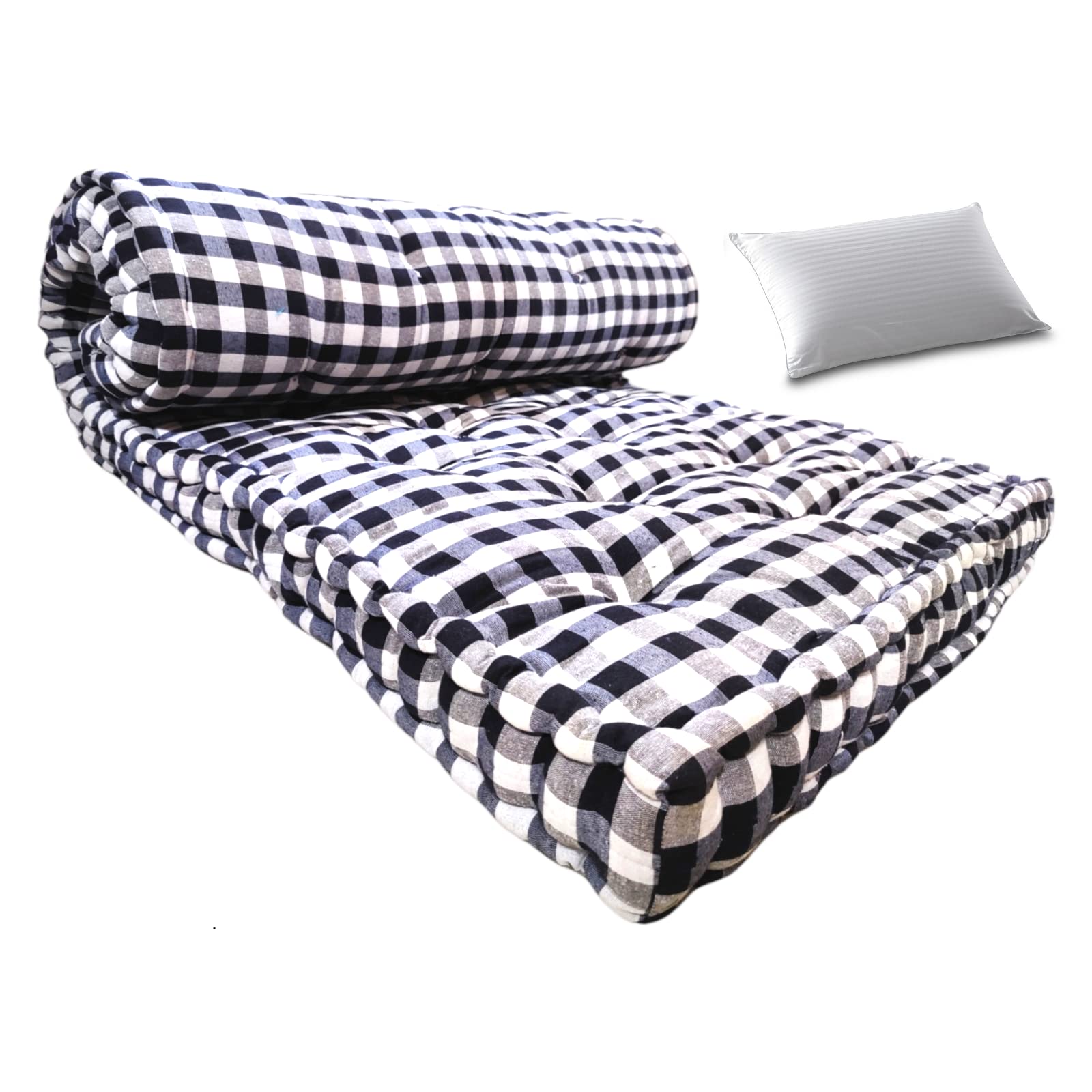 Deevine Craft 5Inch Soft Cotton Box Mattress with Pillow  Medium Firm Single Bed Gadda | Rectangle Type, Black and White Desig