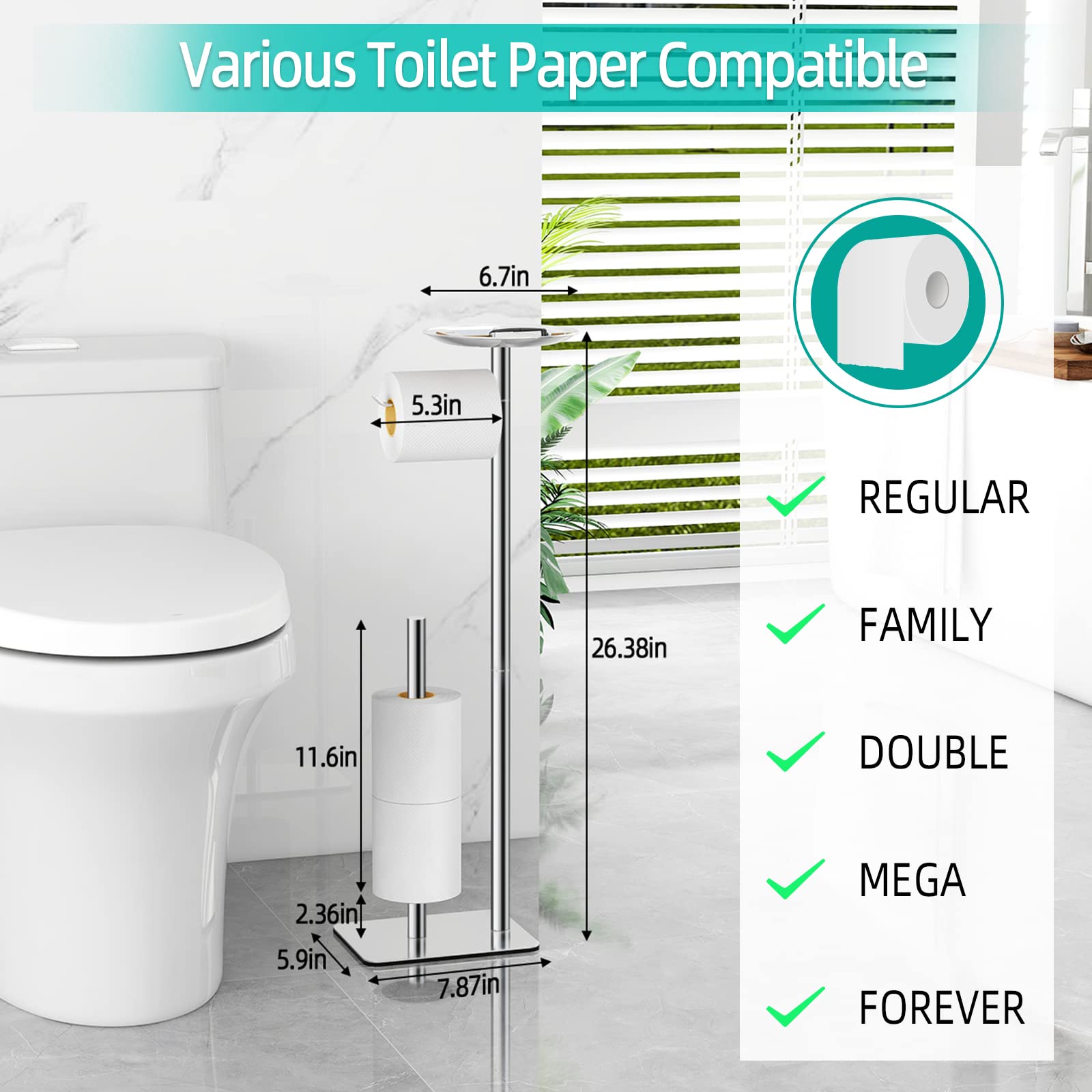 FEILERN Toilet Paper Holder Stand for Bathroom Floor Standing Toilet Roll Dispenser Storages 4 Reserve Rolls  with Top Storage Shelf for Cell Phones  Wipe  Wallet and More(Chrome)