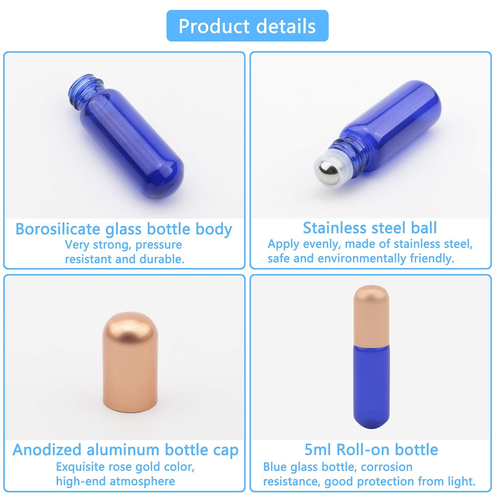 Newzoll 15Pcs Blue Glass Roller Bottles 5Ml Roll-On Bottles Refillable Empty Rolling Bottles Roller Vials Container For Essentia