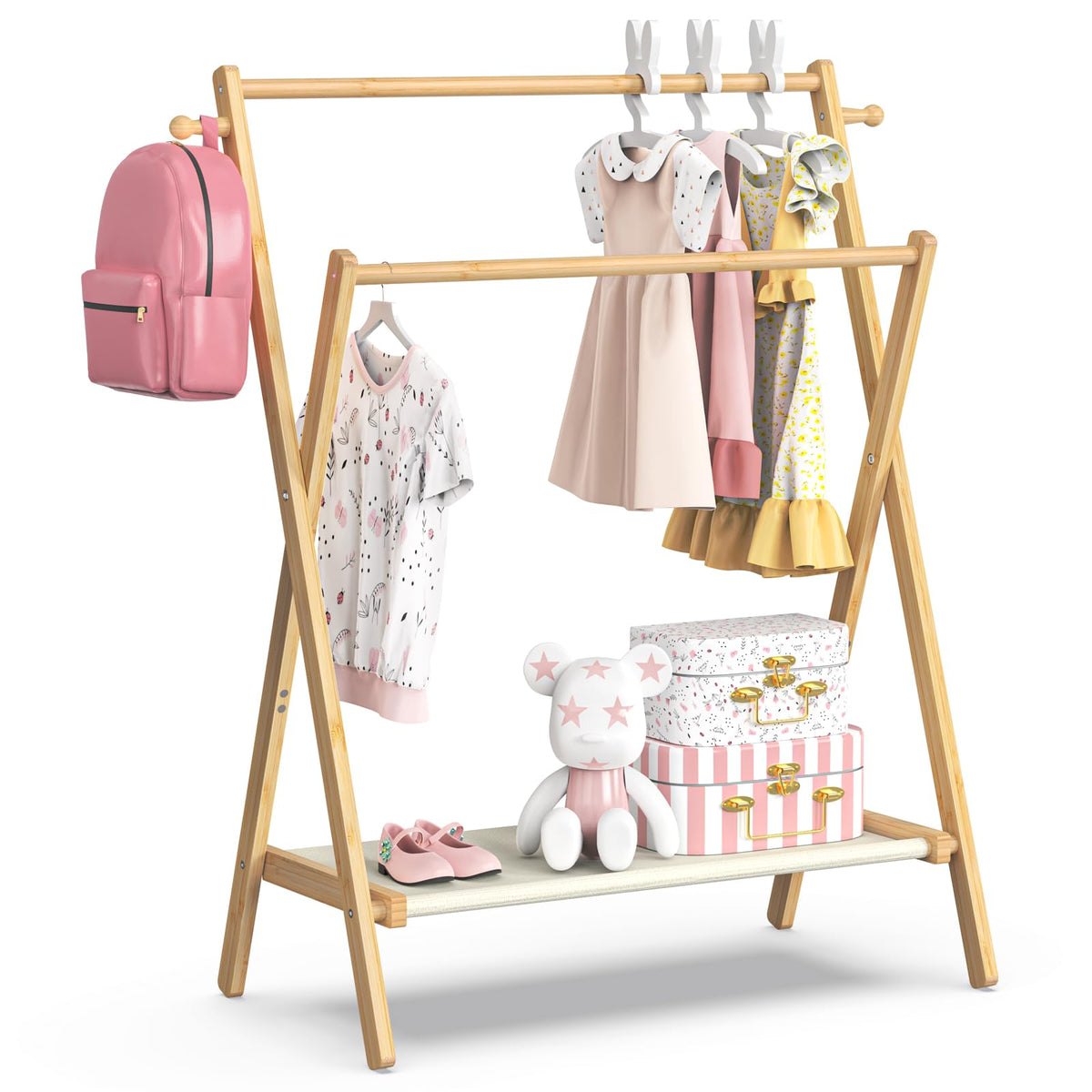 Bamboohomie Kids Clothing Rack, Small Clothes Rack For Toddler Pets, Kids Dress Up Rack With Storage Shelf & Double Rods, Foldab