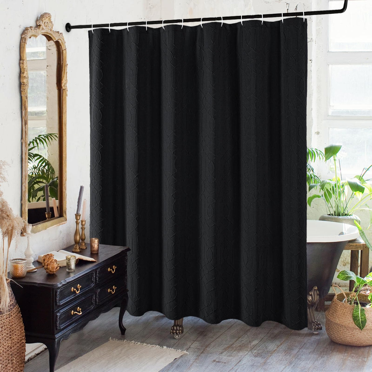 Gibelle Black Shower Curtain For Bathroom, 3D Embossed Geometric Textured Fabric Shower Curtain Set With Hooks, Modern Farmhouse