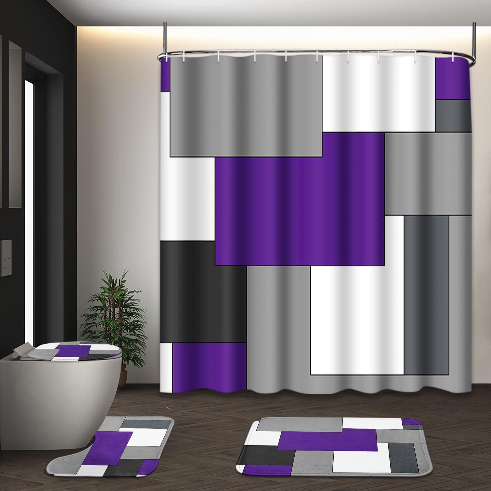 Tayney Purple Geometric Shower Curtain Set With Toilet Lid Cover And Non-Slip Rugs For Bathroom, Grey Black White Checkered 4 Pc