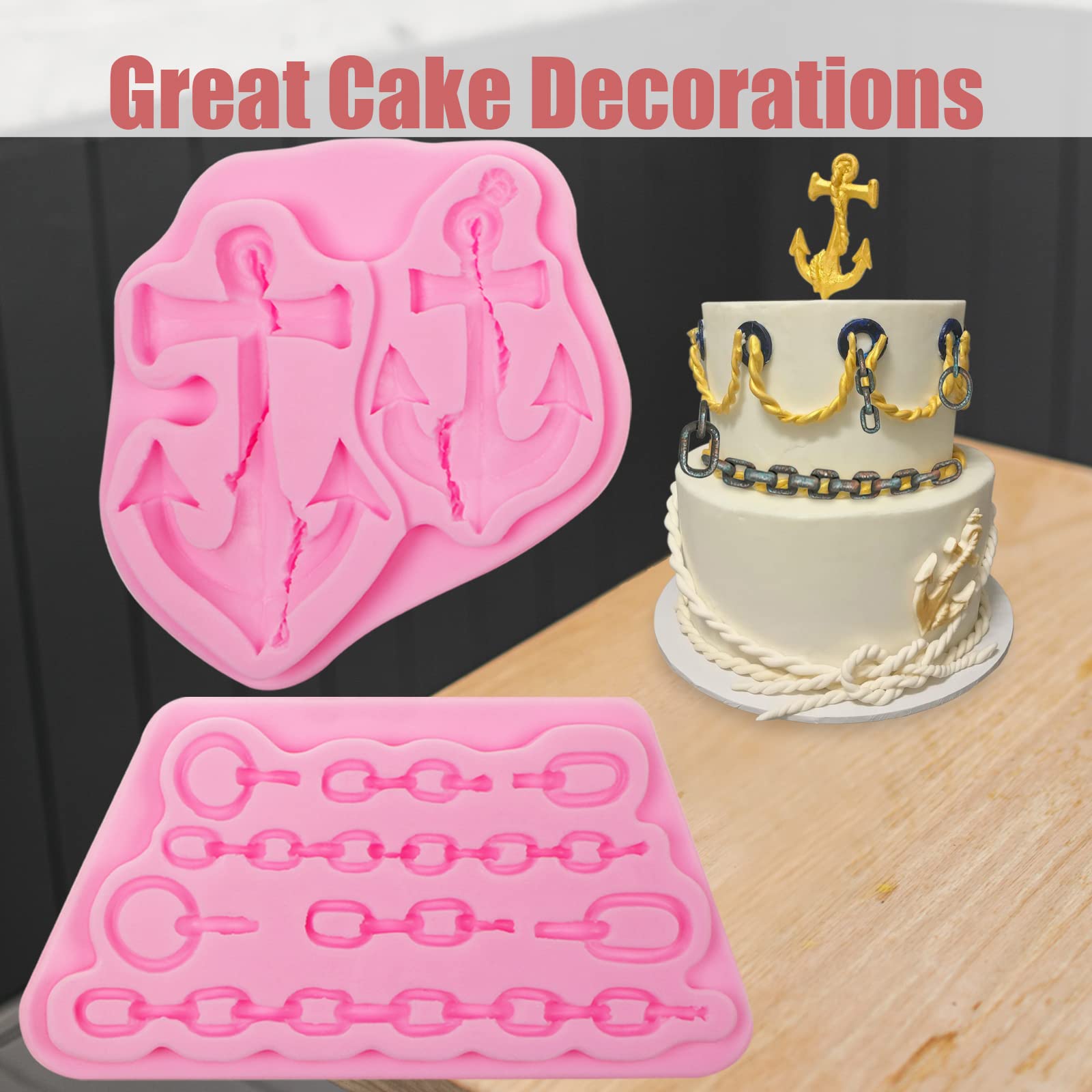 Rope Fondant Mold 3 Pcs, Rudder Anchor Ship Chain Pirate Chocolate Silicone Molds For Cake Decoration Candy Cupcake Topper Polym