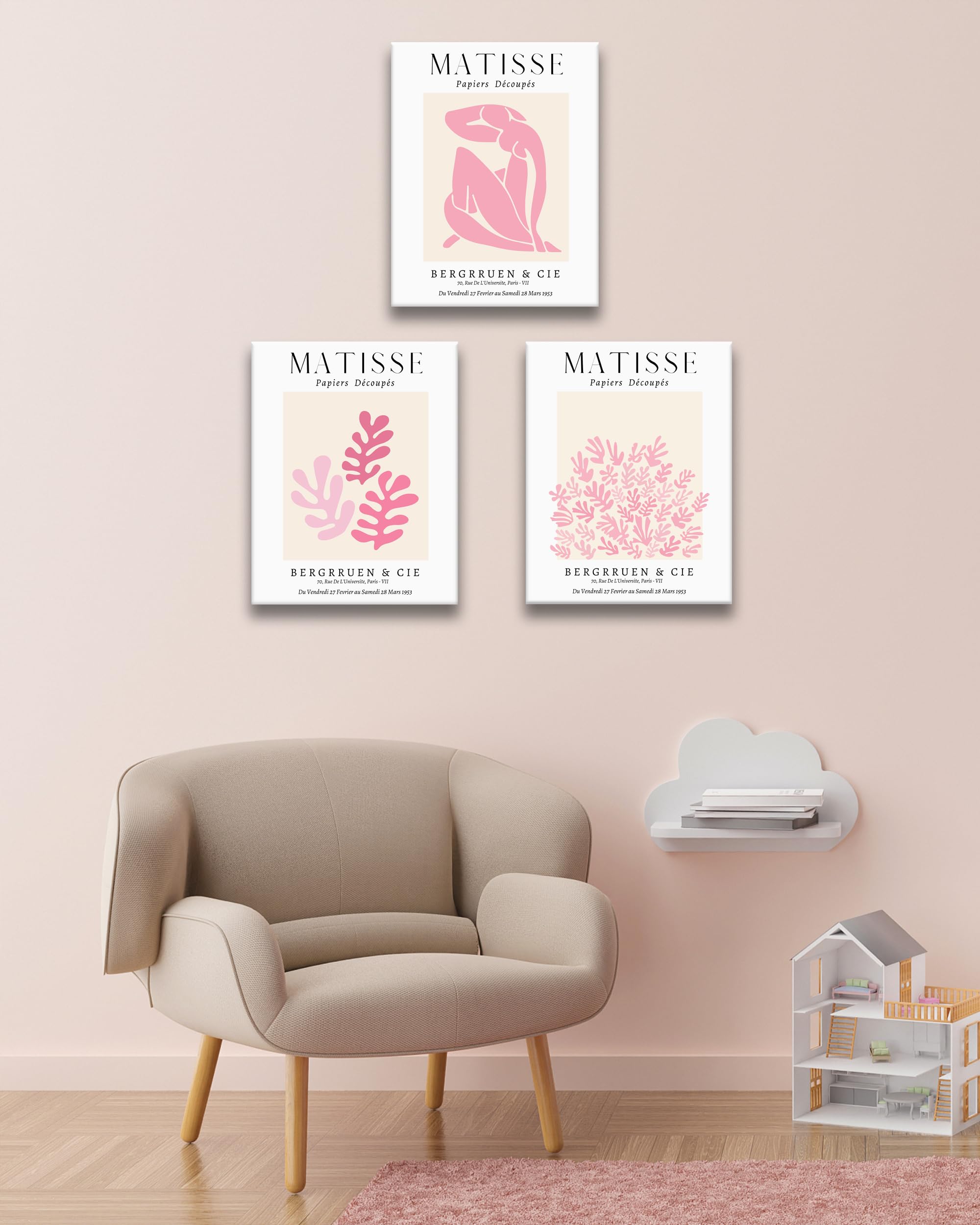 Framed Matisse Pink Wall Art Set Of 3,Minimalist Canvas Wall Decor,Truly Quality Canvas Prints For 12X16In,Art Poster Decoration