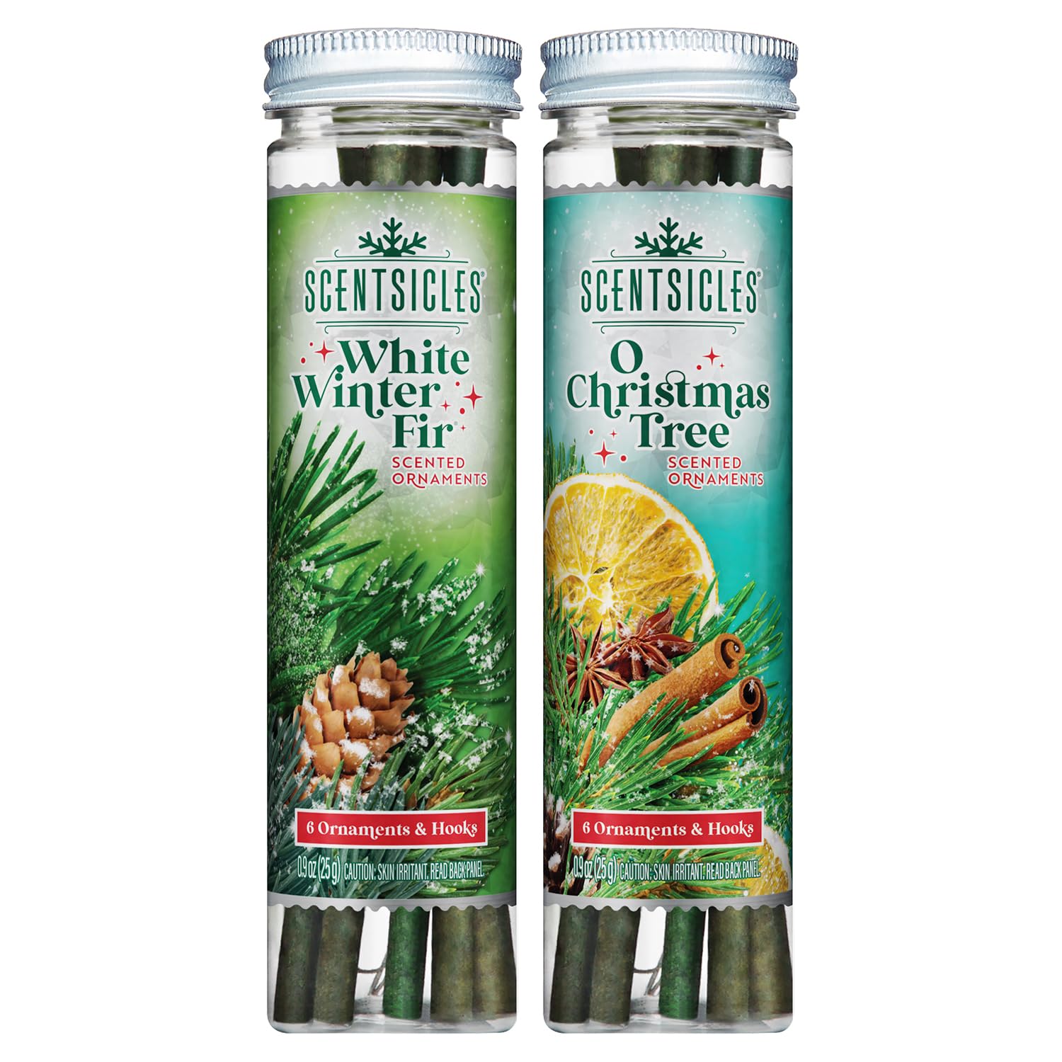 Scentsicles White Winter Fir and O Christmas Tree Scented Christmas Ornaments with Hooks - 2 Pack (2 Bottles, 12 Sticks Total)